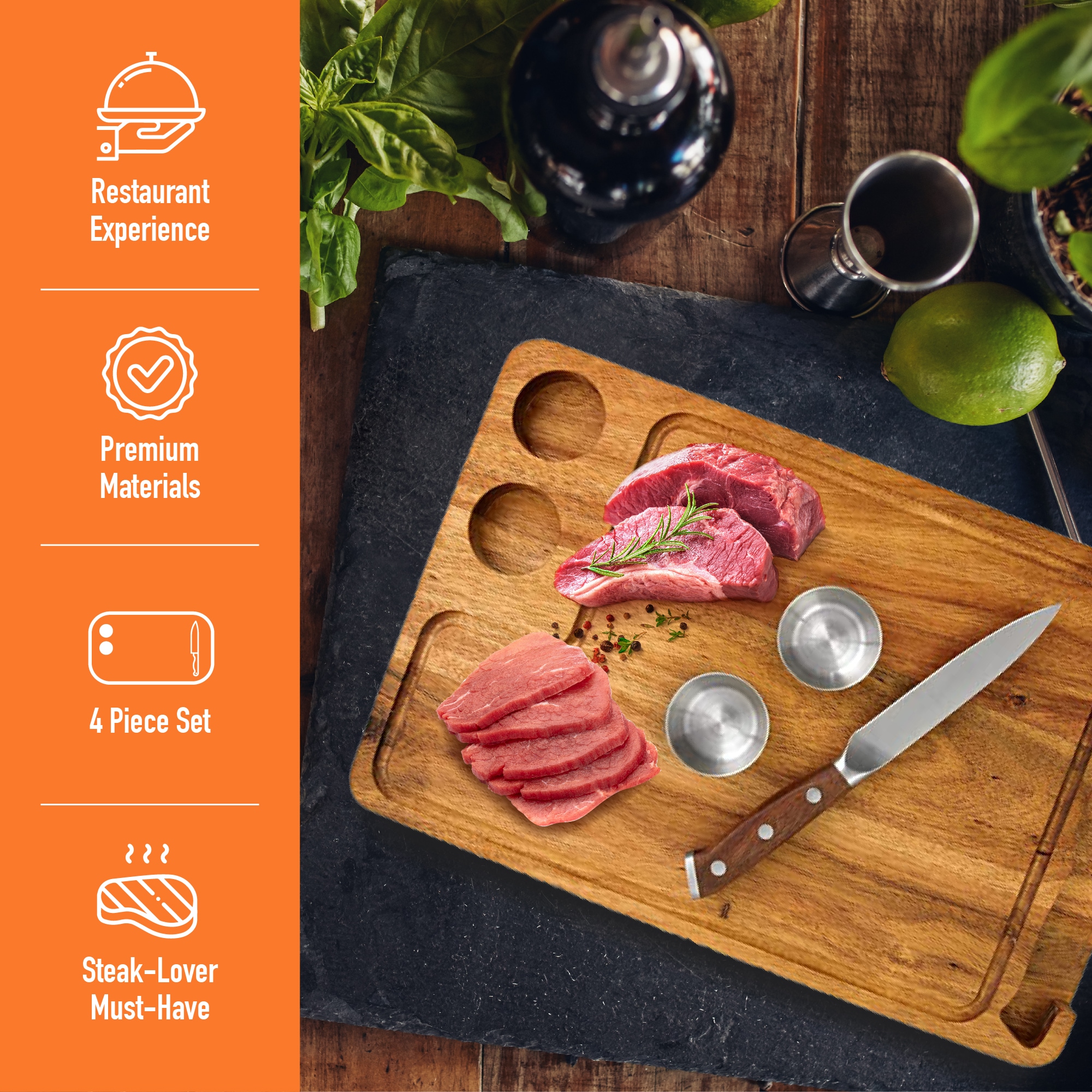 Premium Acacia Wood Rectangular Steak Board Set with Knife and Cups