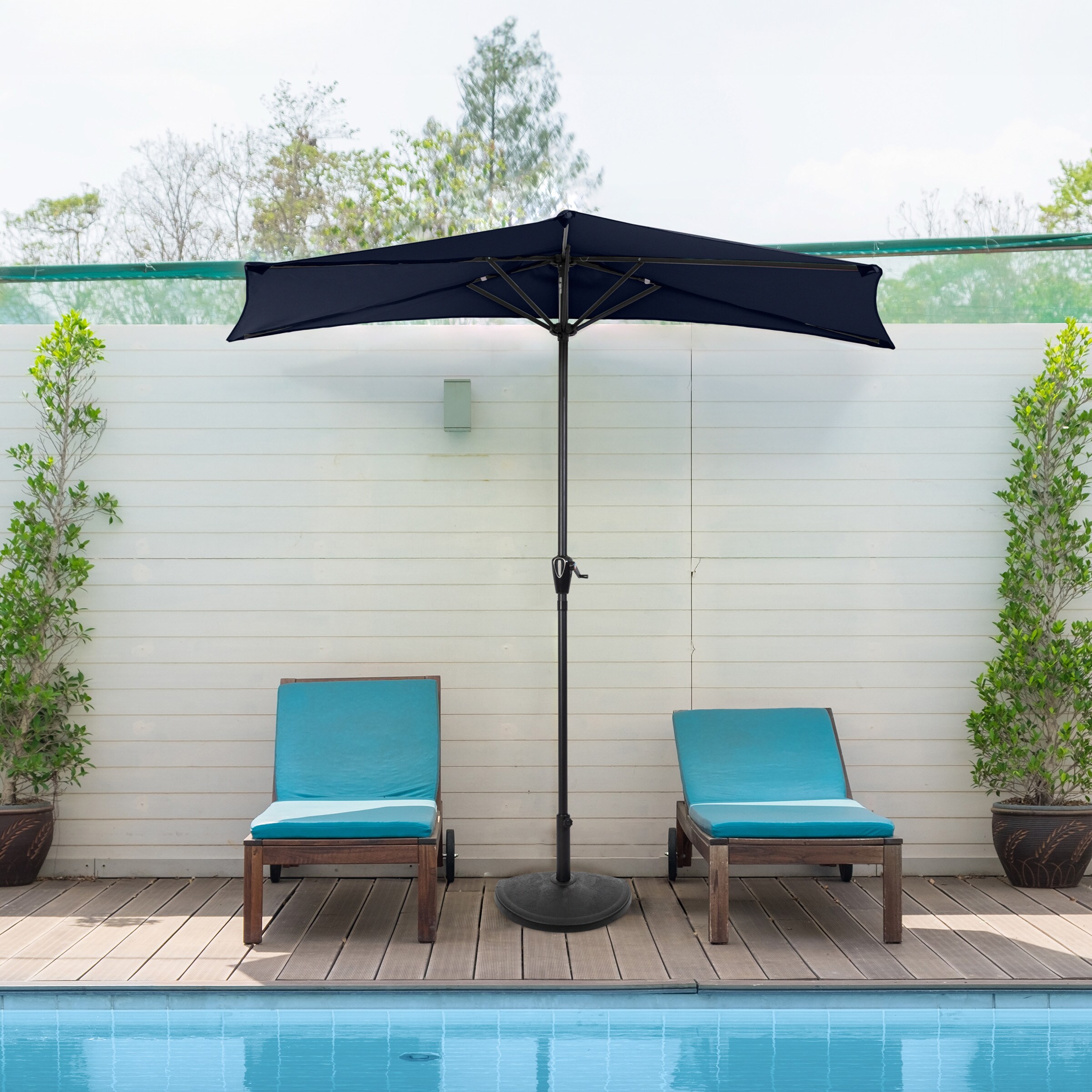 Navy Blue 9ft Half Round Steel Patio Umbrella