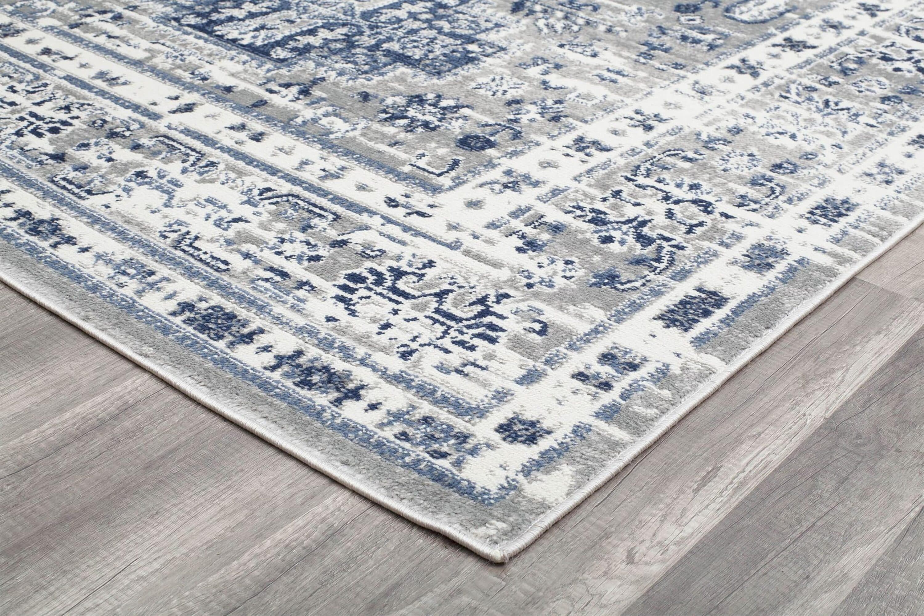 Gray and Navy Floral Synthetic Area Rug, 5'3" x 7'