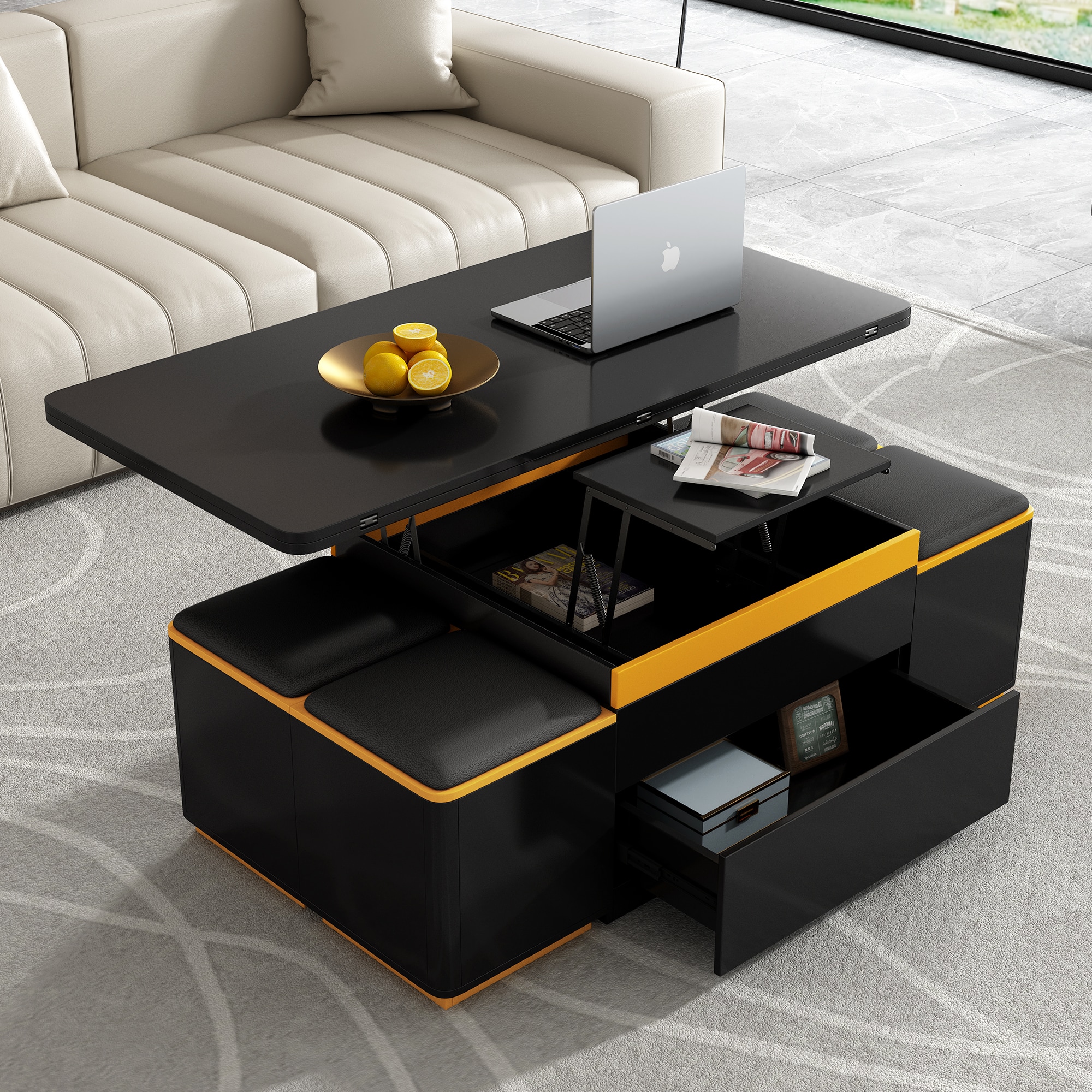 LOVMOR SF-Y-N724P292506B U Can Lift Top Coffee Table with 4 Storage Stools Modern Space Saving Center Table with Foldable Top Multi Functional Adjustable Coffee Table for Living Room