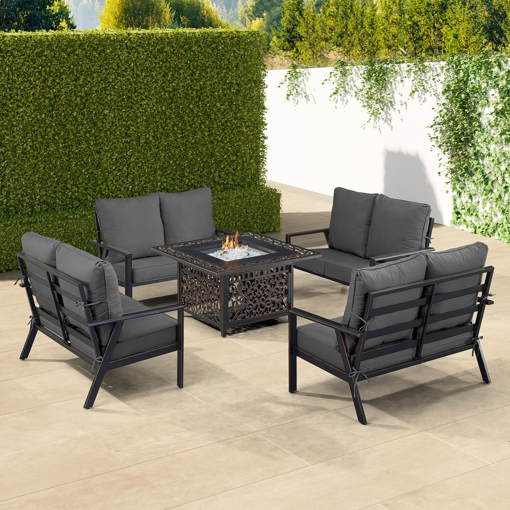 Oakland Living LUX4LSMAYANBKCUA Fire Pit Table Set, Four Loveseats and Wind Guard 23-Piece Patio Conversation Set with Black Cushions