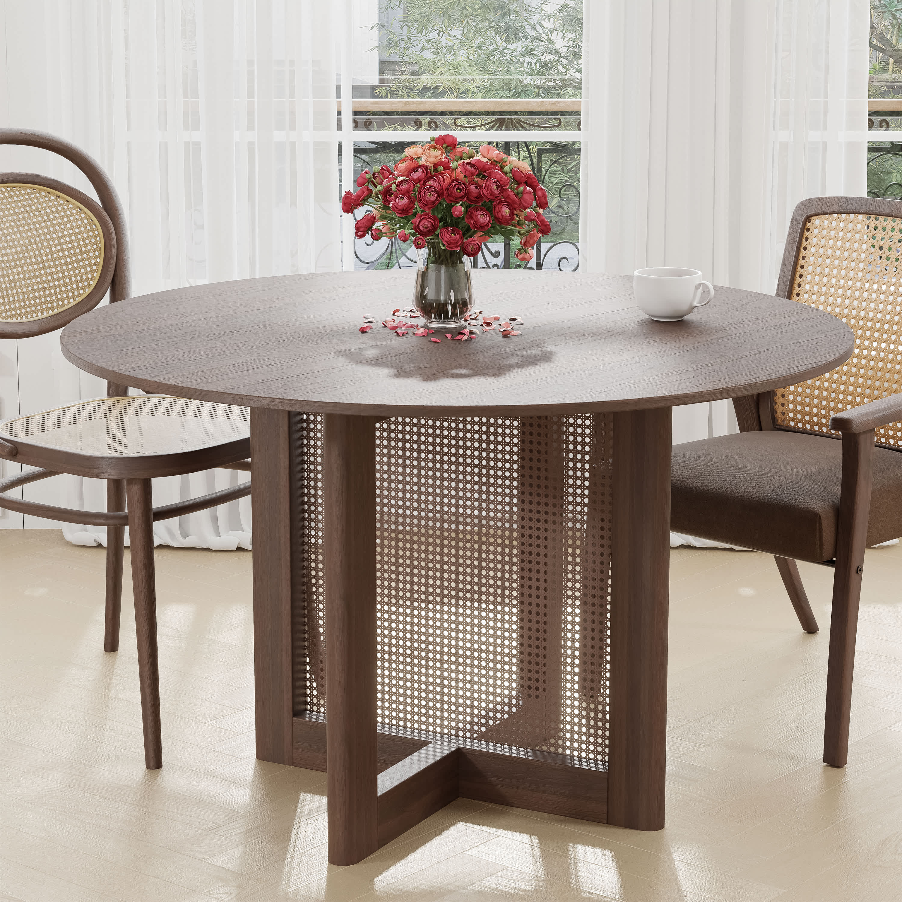 Dovelina LS0101-81803 46-in Walnut Round Pedestal Dining Table Wood Kitchen Tables for 4