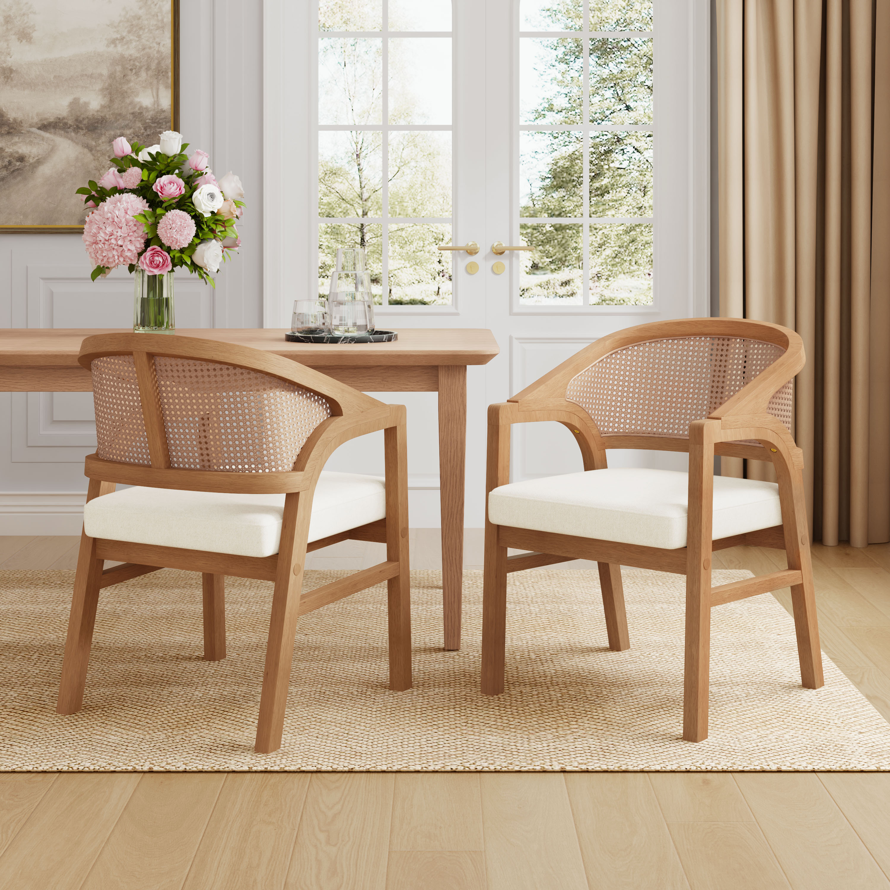 Mid-Century Modern Dining Chairs with Rattan Backrest and Upholstered Seat (Set of 2) - Brown Oak Finish