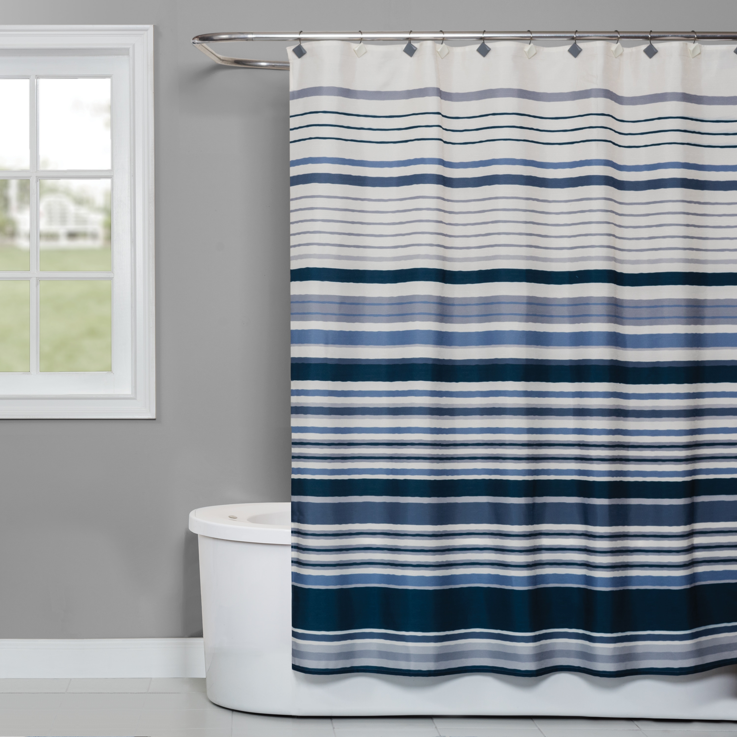 Navy Striped Polyester Shower Curtain