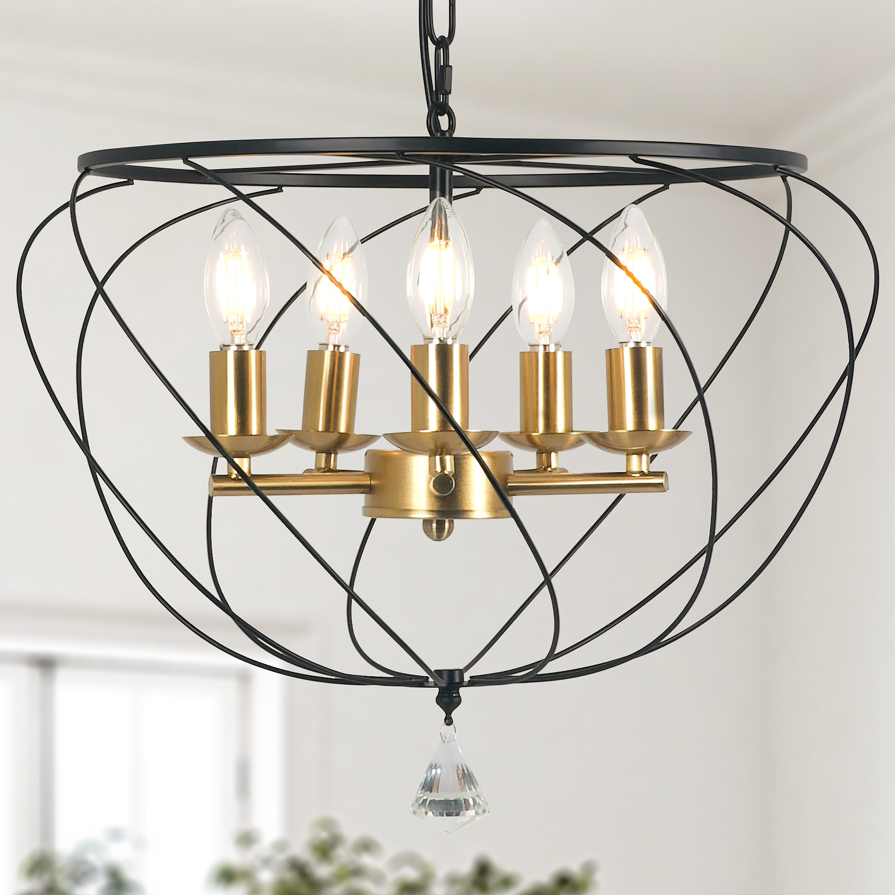 Cusp Barn CUSP087 Chandelier 5 -Light Brushed Black Modern/contemporary Cage For Use in Bedrooms, Dining Rooms, Foyers, Kitchens, Living Rooms Chandelier