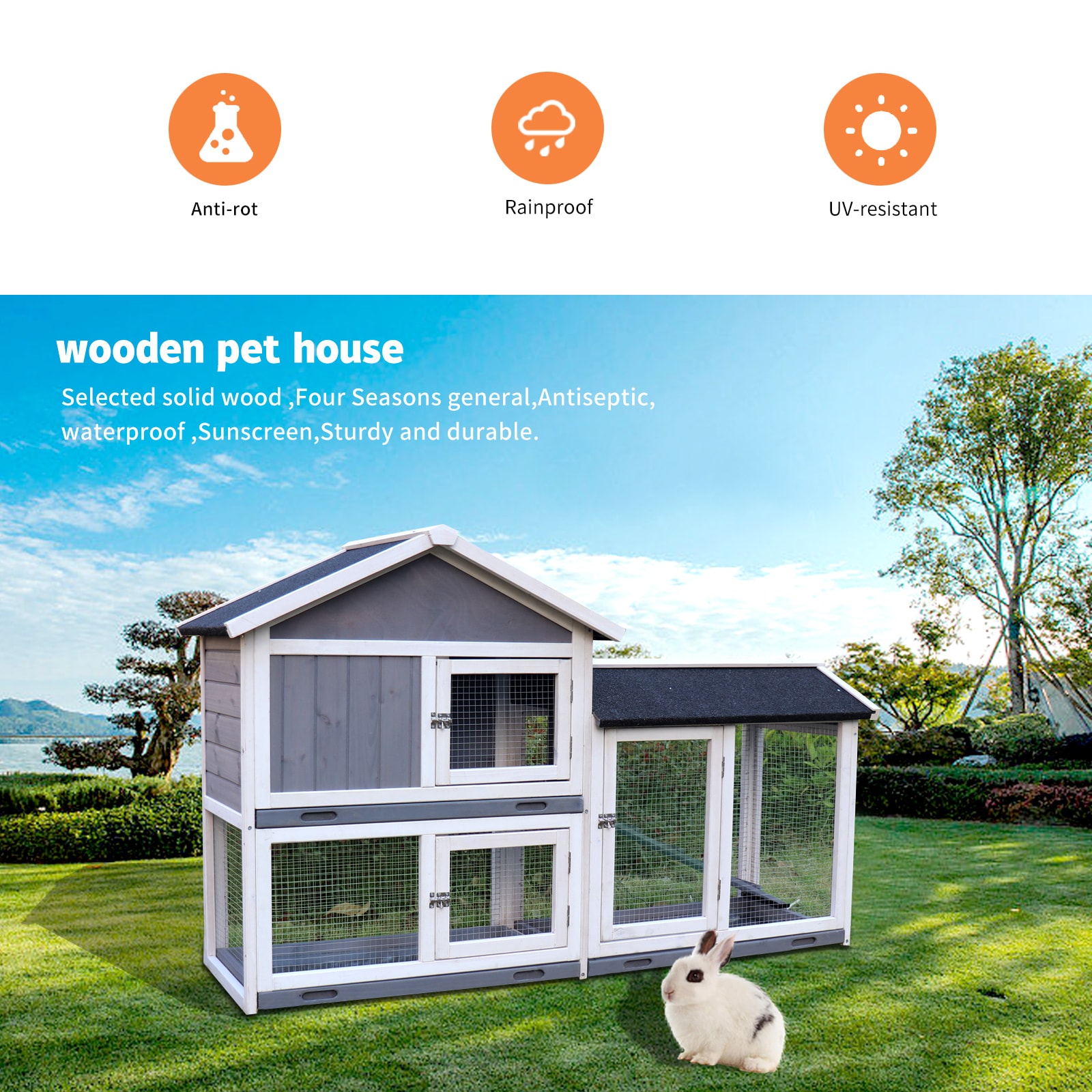 LOVMOR SF-WO-W143167745 Rabbit Hutch Indoor Bunny Cage Outdoor Rabbit Cages with Run Pet House for Small Animals