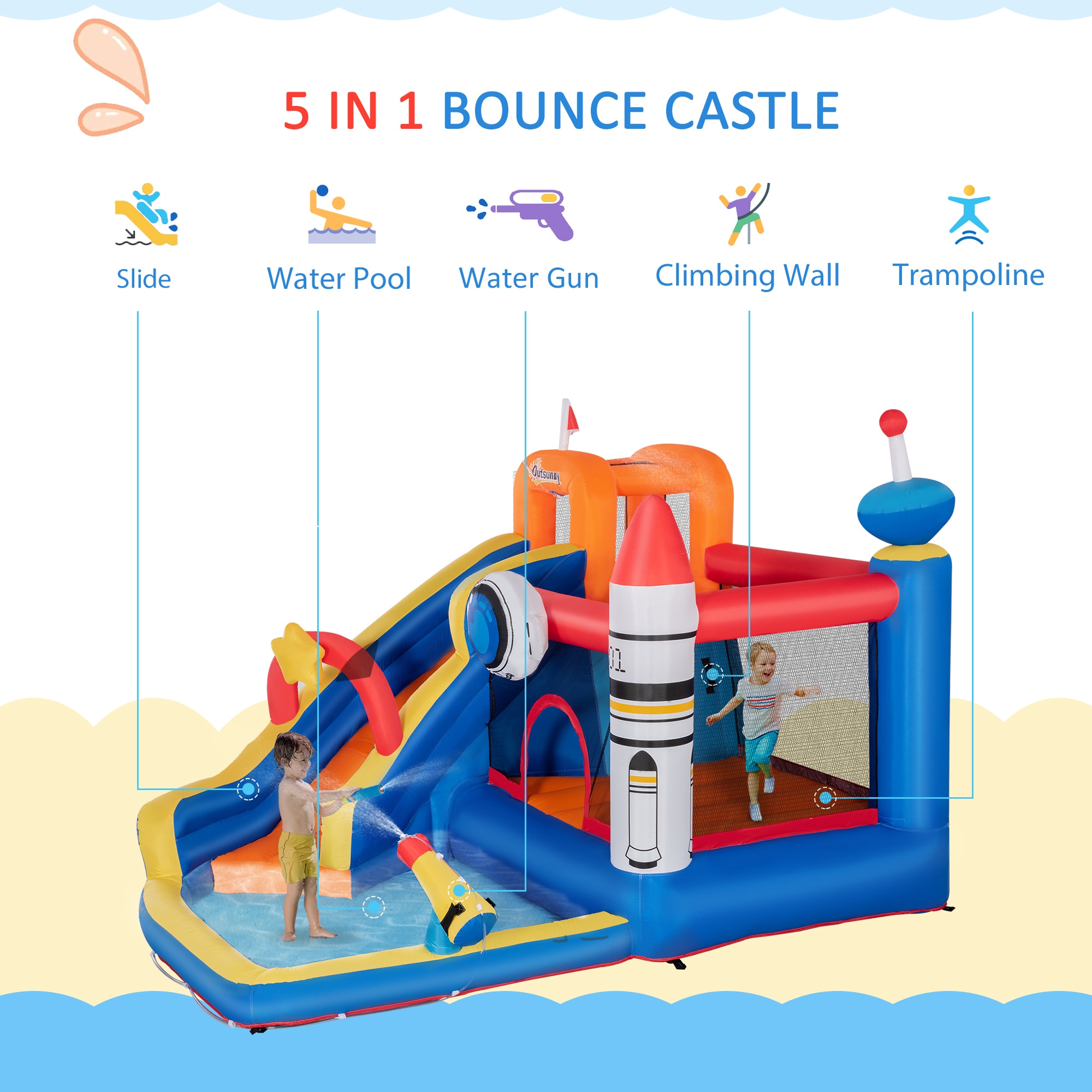 Outsunny Space Theme Inflatable Water Slide Bounce House with Pool and Cannon