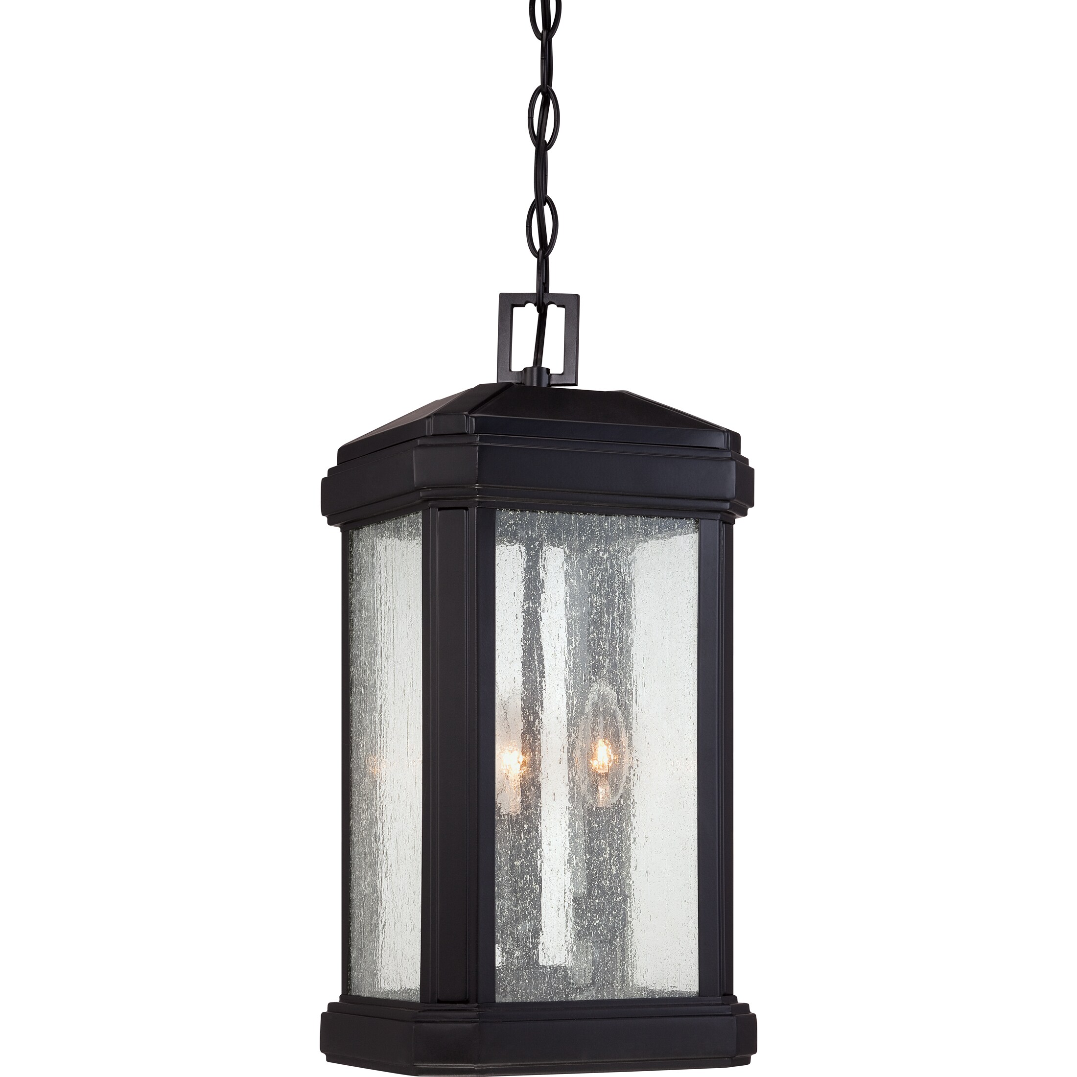 Quoizel Trumbull 3 Light Mystic Black Transitional Seeded Glass Lantern Pendant Light In The