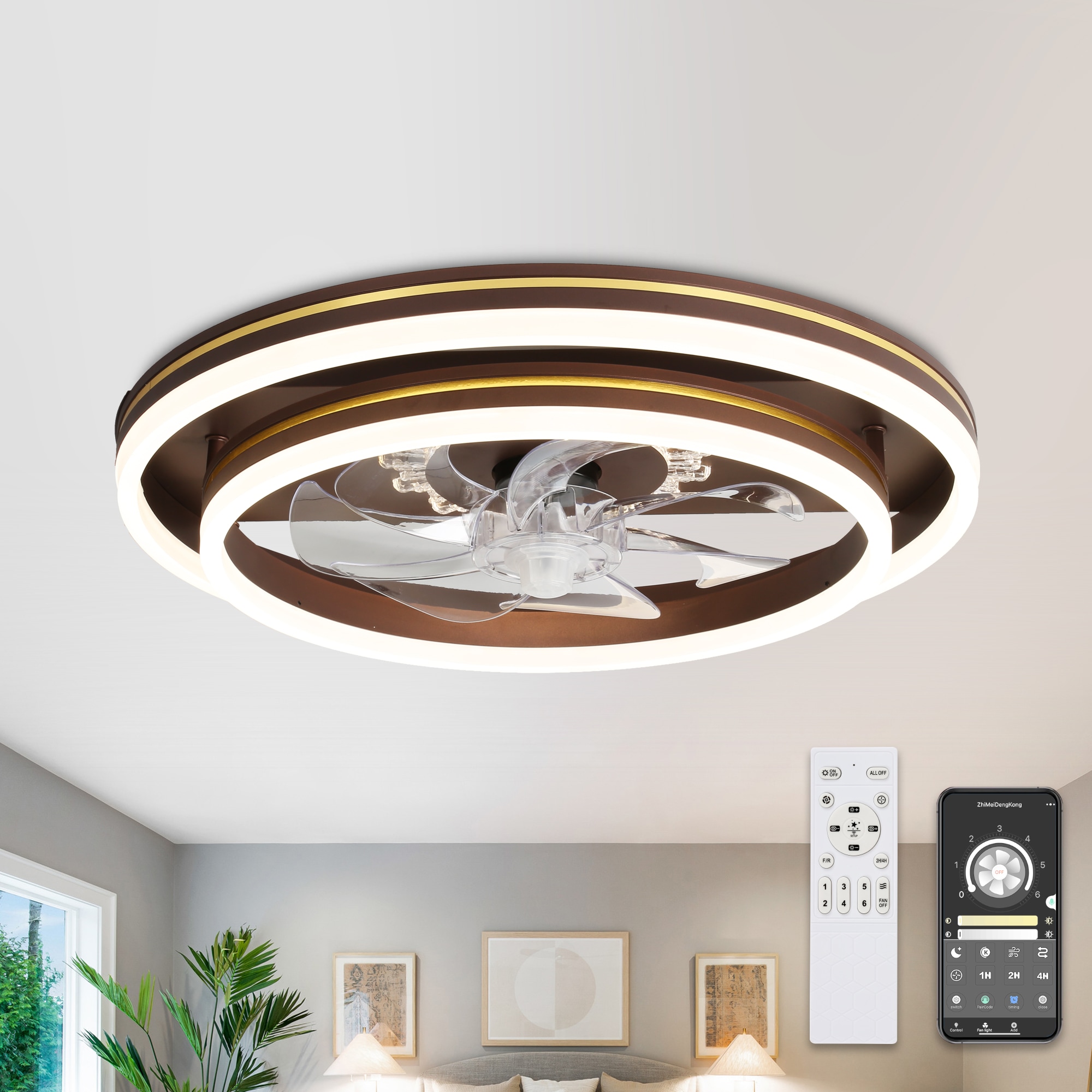 Bella Depot Low Profile 19-in Coffee with Clear Blades Color-changing Integrated LED Indoor Flush Mount Smart Fandelier Ceiling Fan with Light and Remote (7-Blade) DC2004-K Sansujyuku sansujyuku.com