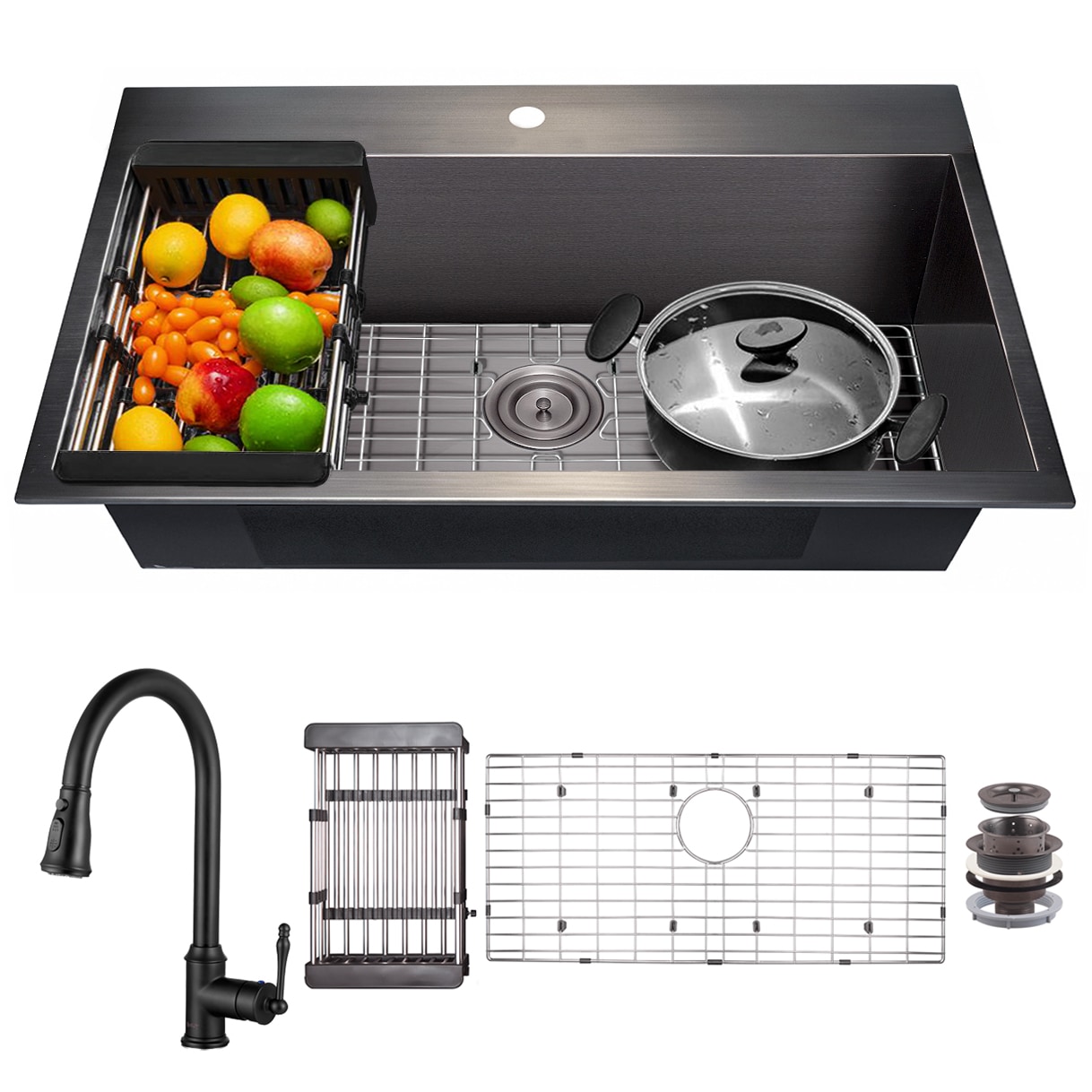 AKDY KS0518-KF9 Drop-In 32-in x 18-in Gunmetal Matte Black Stainless Steel Single Bowl 1-Hole Kitchen Sink All-in-one Kit