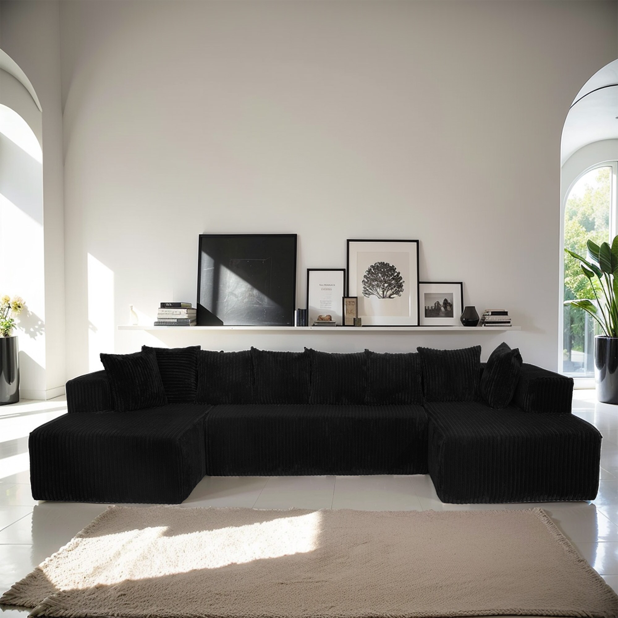 Tatayosi Modular U-Shaped Sectional Sofa 130-inch 4-Seater Chaise Lounge with Reversible Design Striped Corduroy Fabric in BLACK–Customizable Living Room or Bedroom Couch Freely Configurable Layout