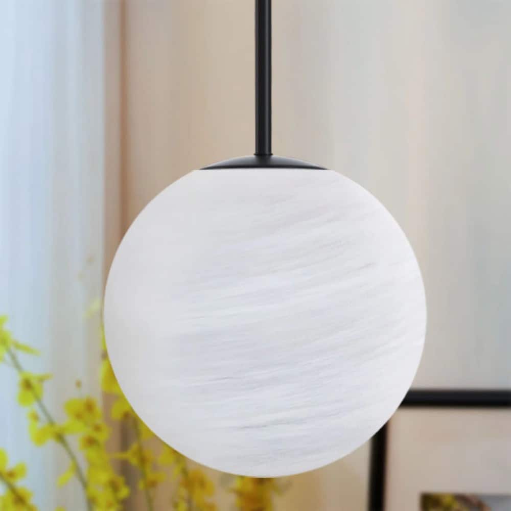 Basdien 11 in Black Modern Moon Globe Pendant Light Living Room Bedroom Hallway Entryway Clouded Glass Metal Ceiling Fixture Warm White LED Compatible E26 Base Not Included Bulbs Easy Install Modern Elegant Home Decor Style High Quality Design