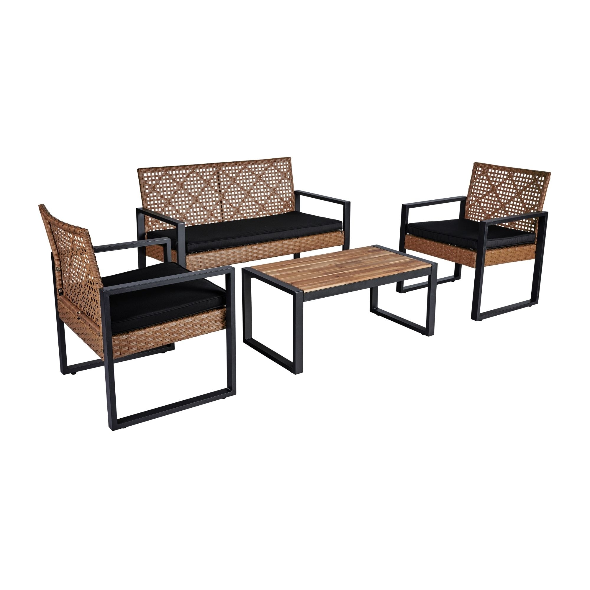 SINOFURN SYB740004BK 4 -Piece Wicker Patio Conversation Set with Black Cushions
