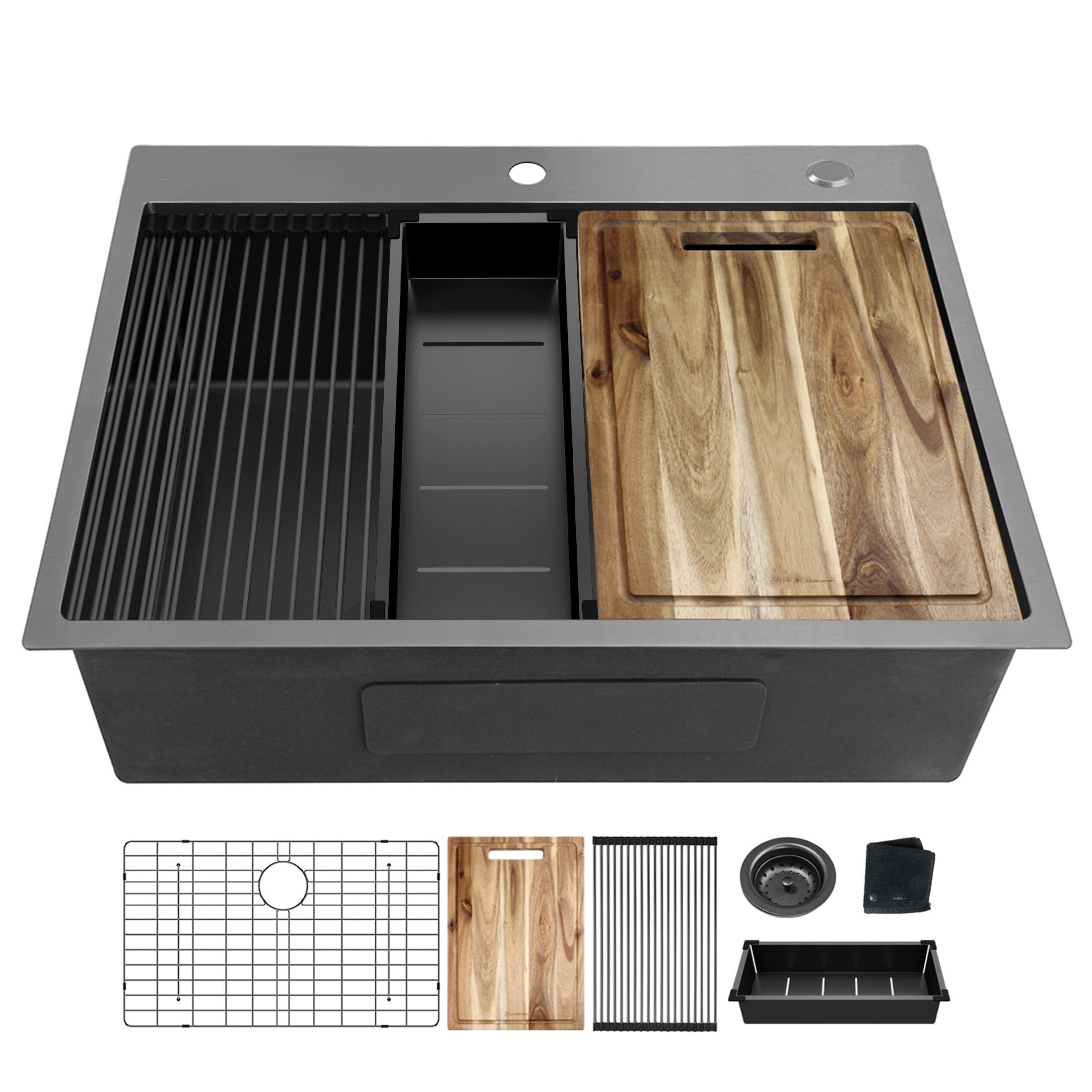 LOVMOR 32-in x 22-in Drop-in Stainless Steel Single Bowl Gunmetal Black Kitchen Sink with Bottom Grid and Cutting Board #SF-W-W1386P425495