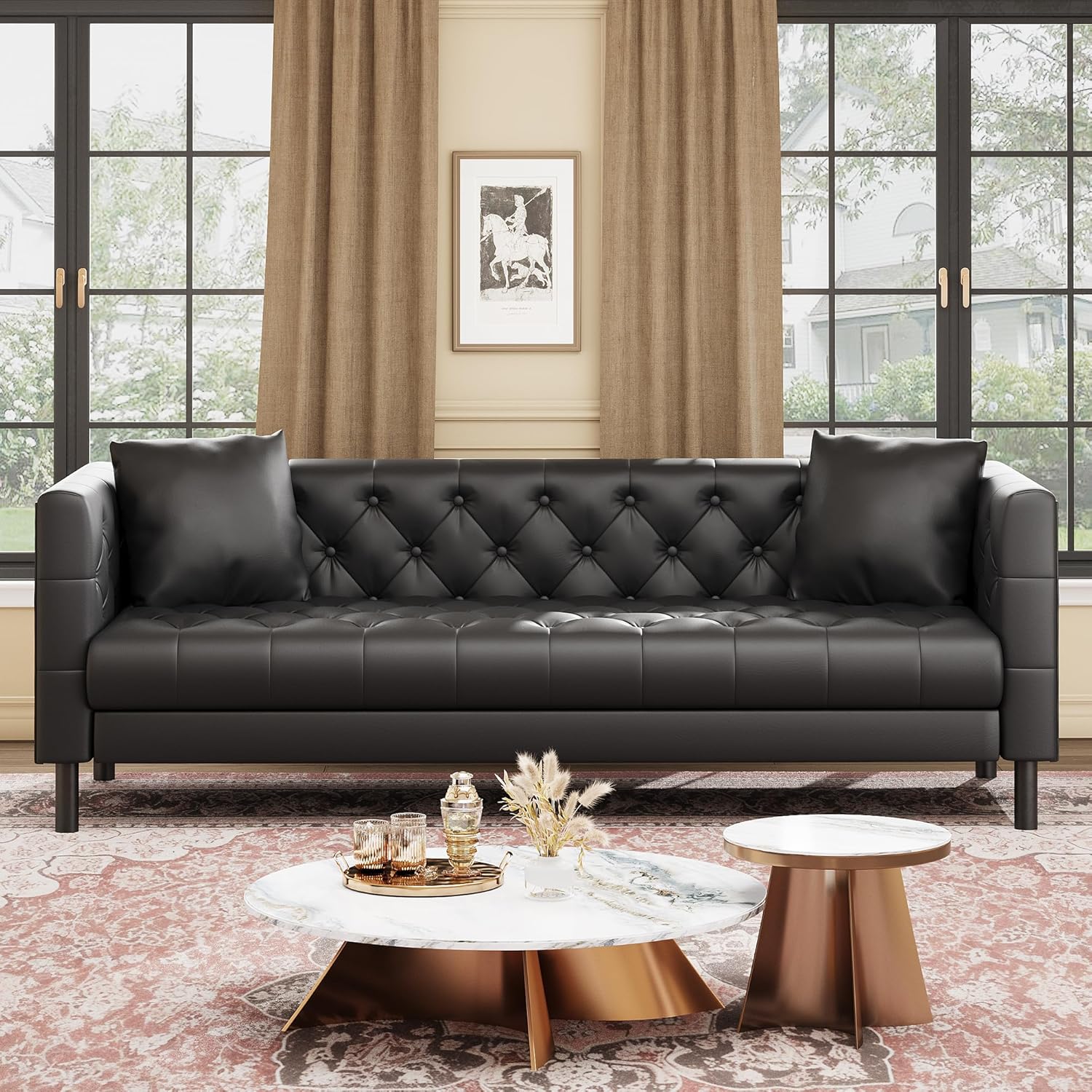 Garvee 81 inch Black Leather Chesterfield Sofa Handmade Button