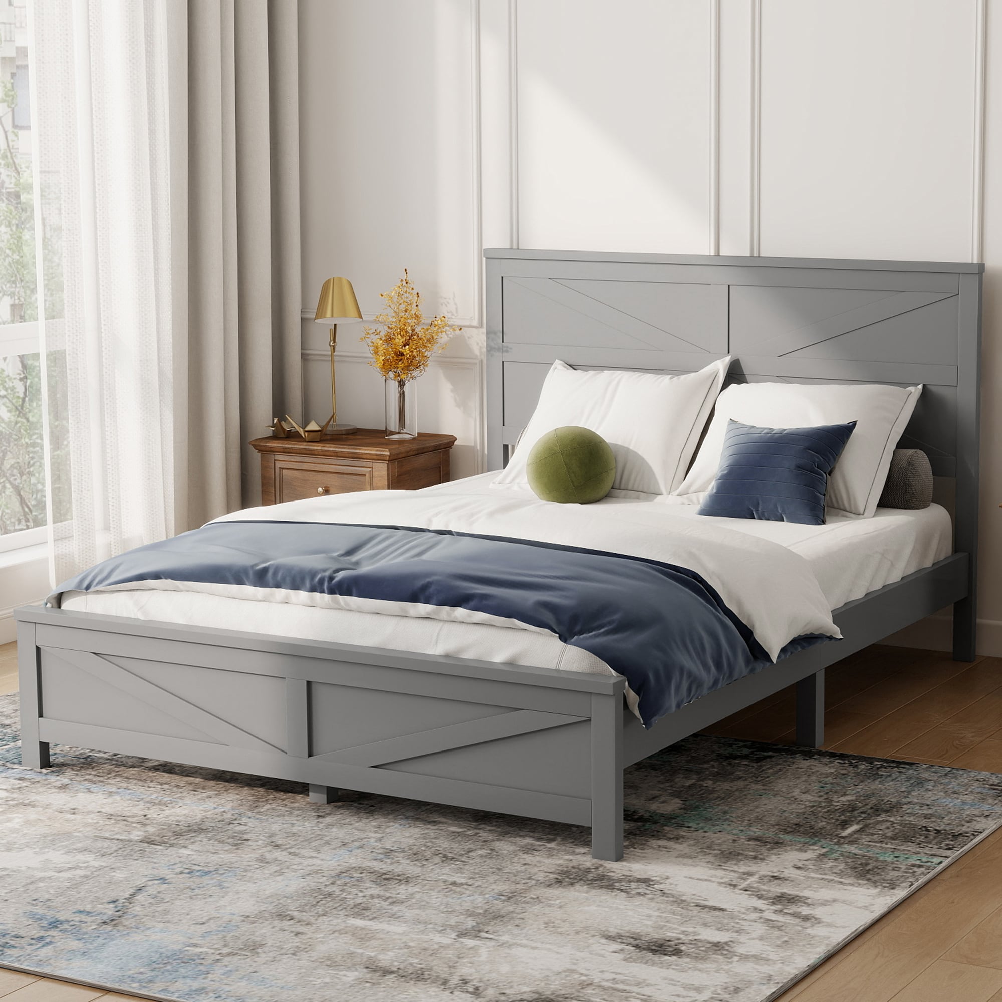 KTMBDW - Queen Size Platform Bed-Farmhouse Bed Frame with Headboard and Footboard -Wood Slat Supp...