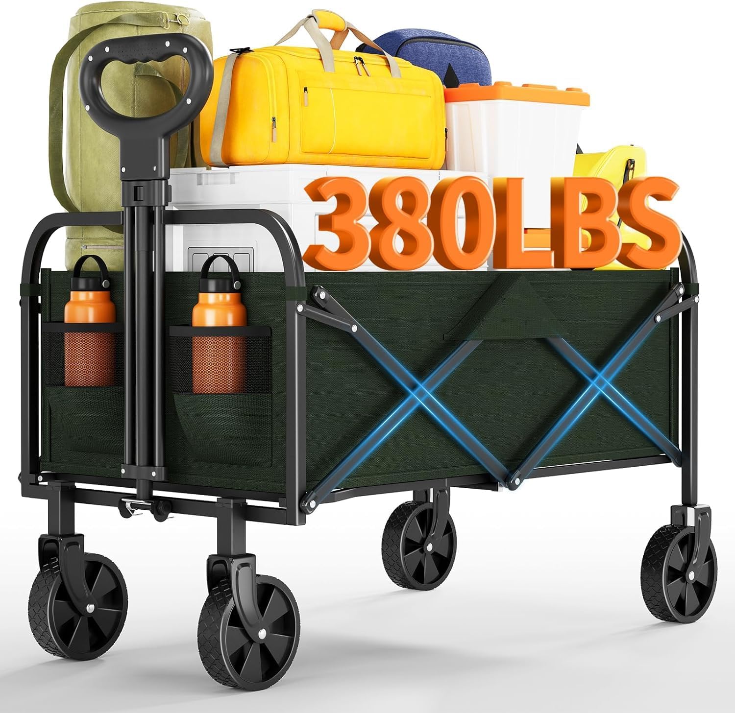 Qeetex QET-PC-QI098 Heavy Duty Foldable Wagon Cart - 380LBS All-Terrain Utility Wagon with Drink Holders Adjustable Handle and Collapsible Design for Camping Grocery Shopping Garden (Green)