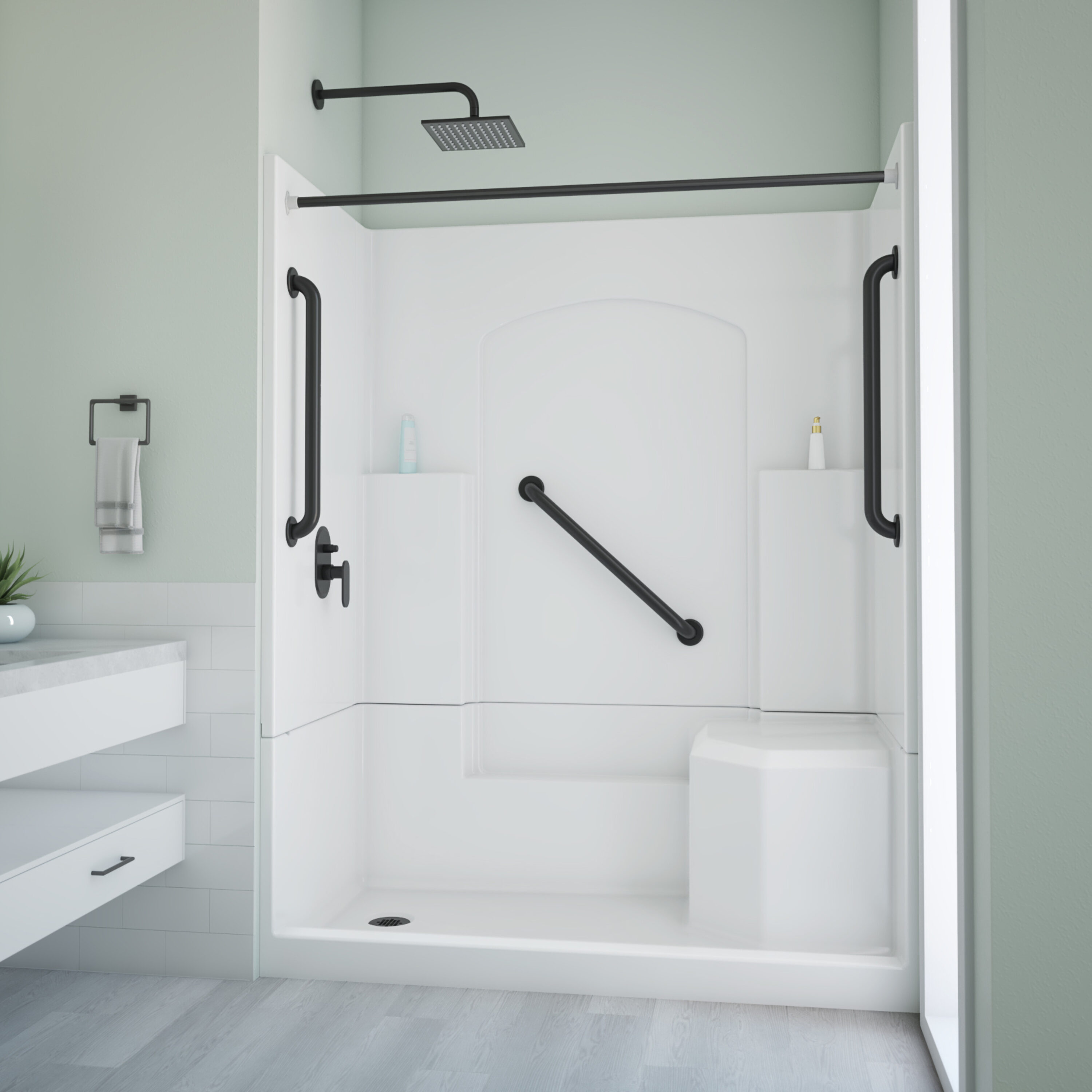 Laurel Mountain L3260SH1S4PRWM2 Ramer 4 -Piece 32-in W x 60-in L x 77-in H Alcove shower kit ( Left Drain) with Integrated Seat Base and Wall Included and Drain Included Black Hardware Included