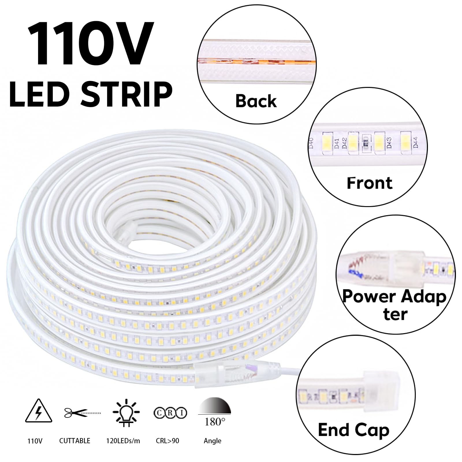 Yichuhaoxi White LED Strip Lights 6.56ft AC 120V Flexible Waterproof ...