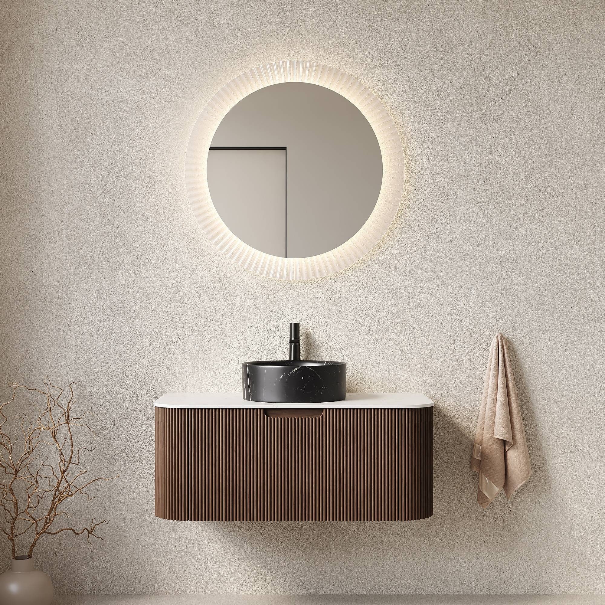 IAK 36 inch Dark Walnut Woodgrain Floating Bathroom Vanity with Black Round Ceramic Basin and Carrara White Sintered Stone Top with Soft Close Drawer