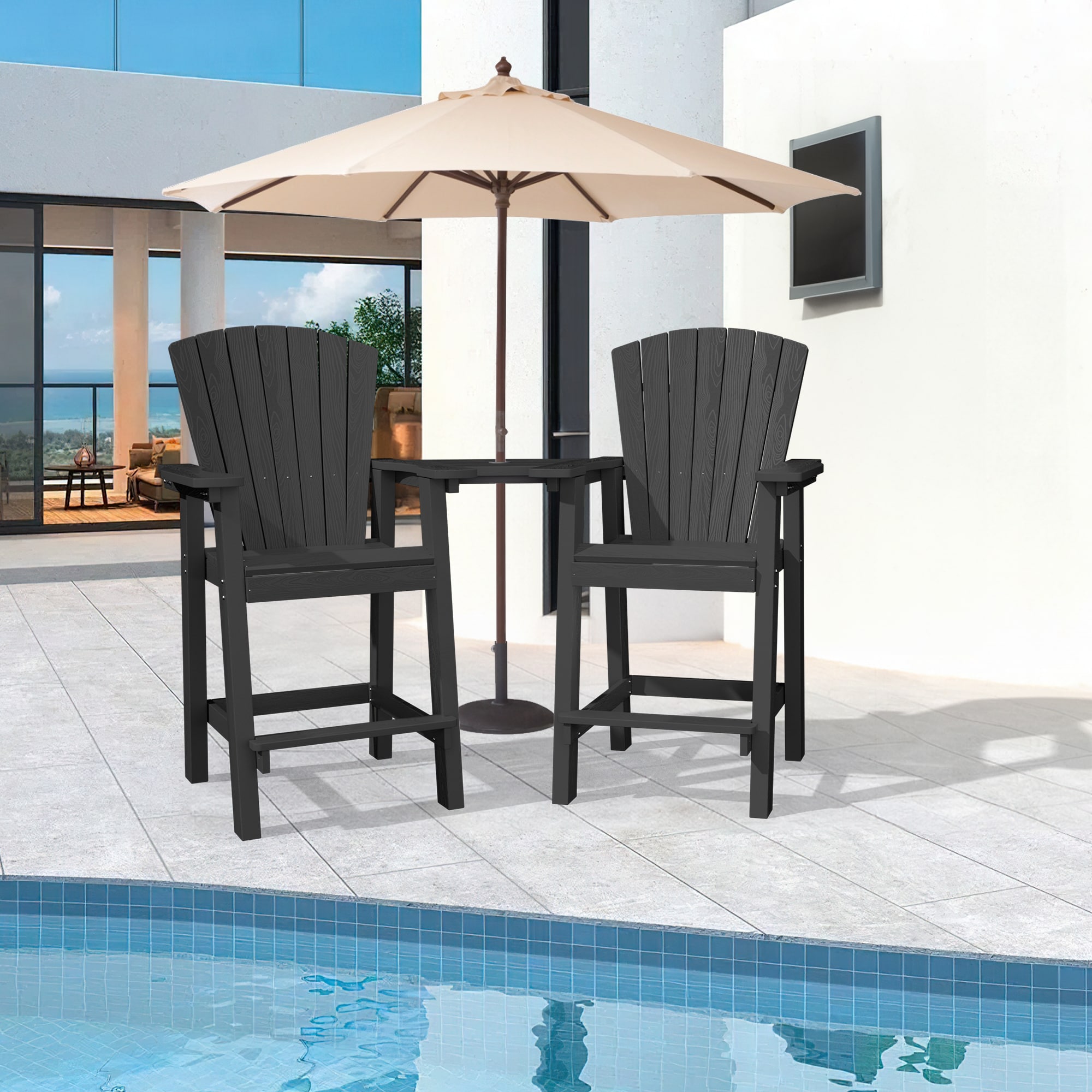 VOUA PESRLT-BK Patio HDPE Tall Bar Set With Umbrella Hole Set of 2 Black HDPE Frame Stationary Adirondack Chair with Slat Seat