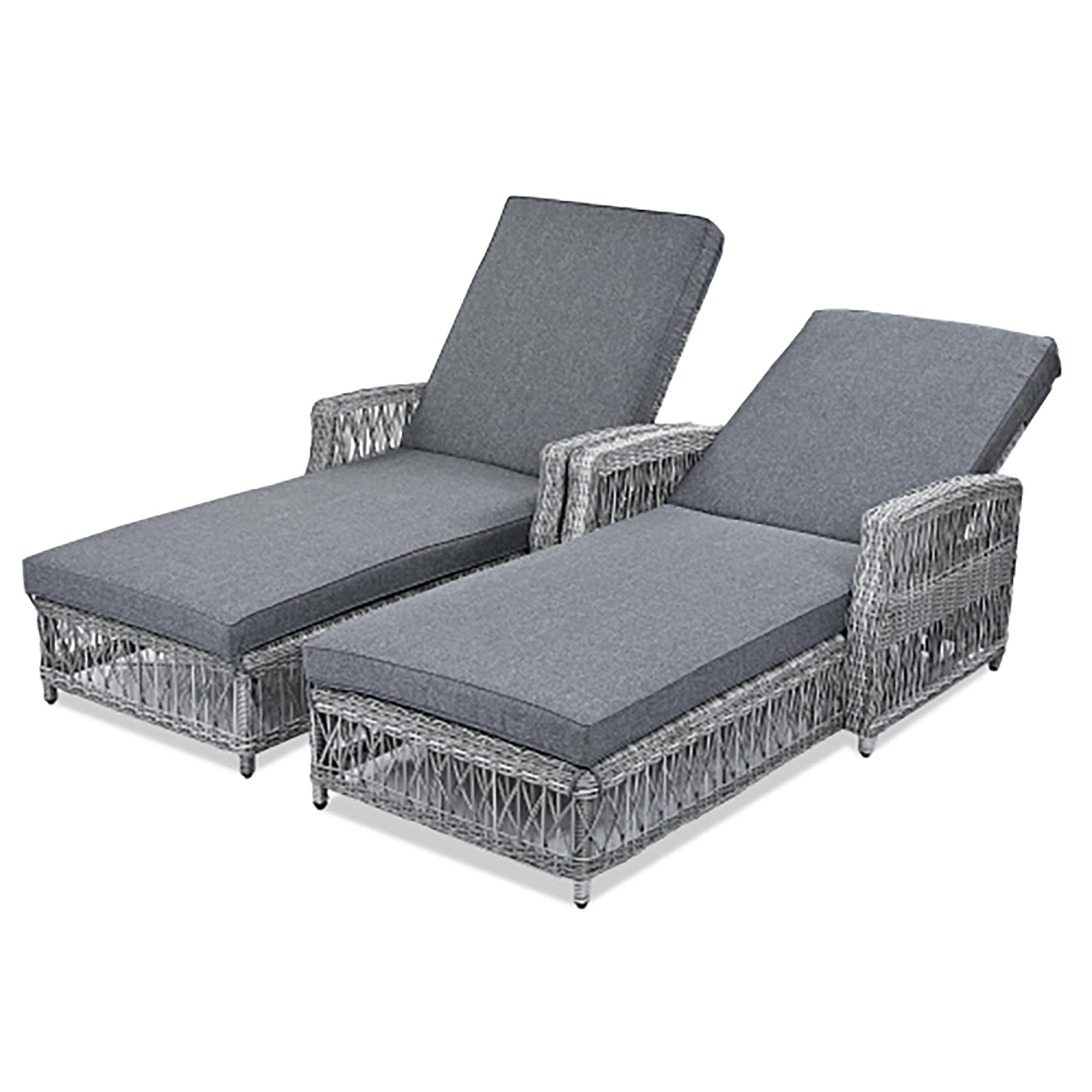 CASAINC HX-SM1001ABC 2 Pieces Long Reclining Chaise, Outdoor Wicker Lounge Set of 2 Wicker Gray Wicker Frame Stationary Conversation Chair with Gray Cushioned Seat