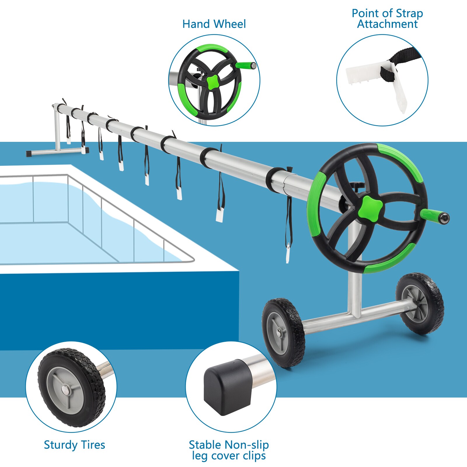 Pool Cover Reel 18 FT, Solar Cover Reels Set for Inground Outdoor