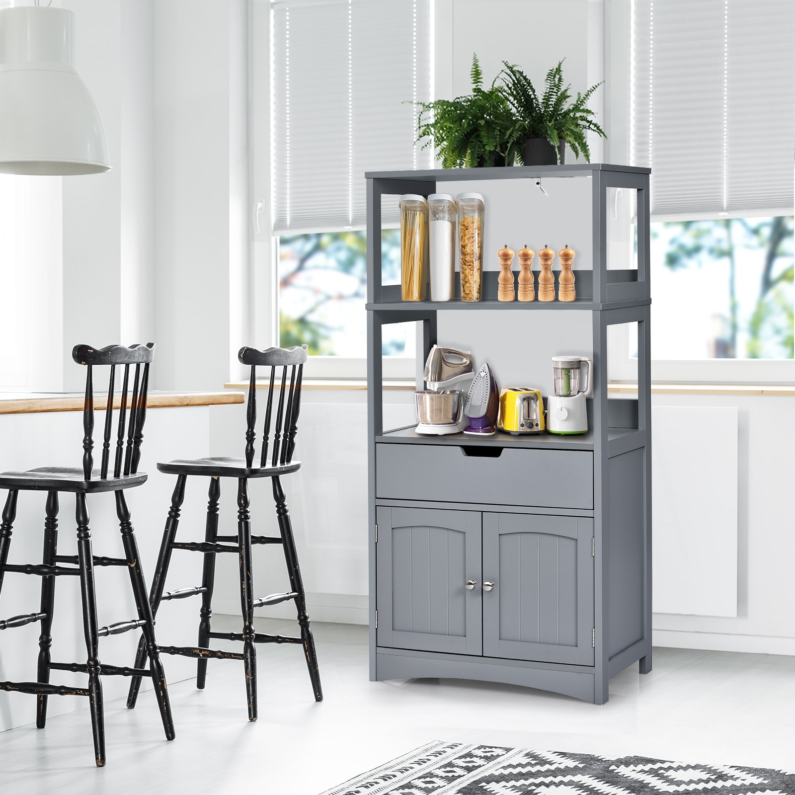 SUGIFT Bathroom Storage Cabinet 48-in Tall with Drawer Open Shelves and Enclosed Cabinet 35-lb Per Tier - Gray