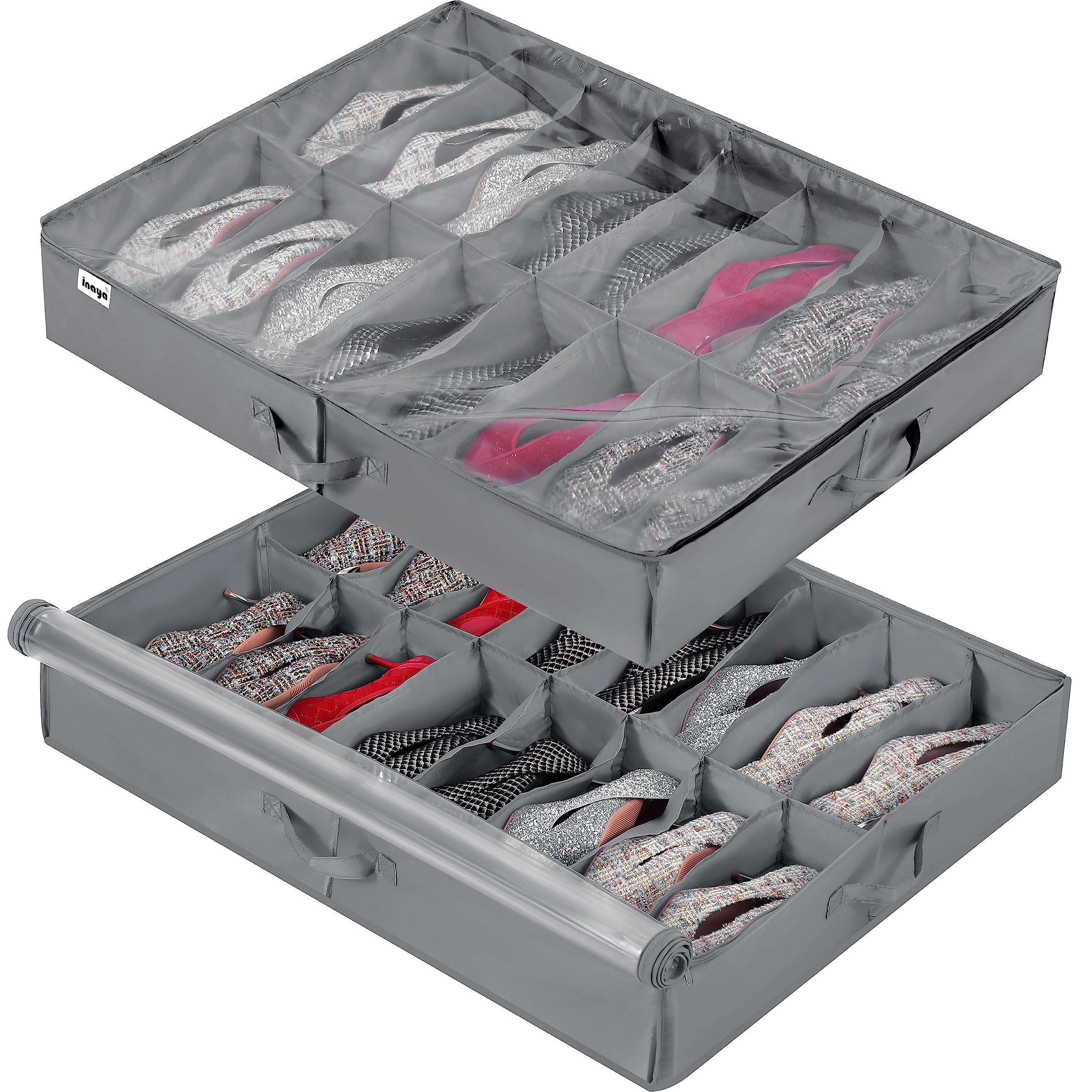 YICSAM 16 and 16 Cells Hard Bottom Support 2 Pack Under Bed Shoe Storage Organizer Foldable Space Saving Clear Cover #5749848520183