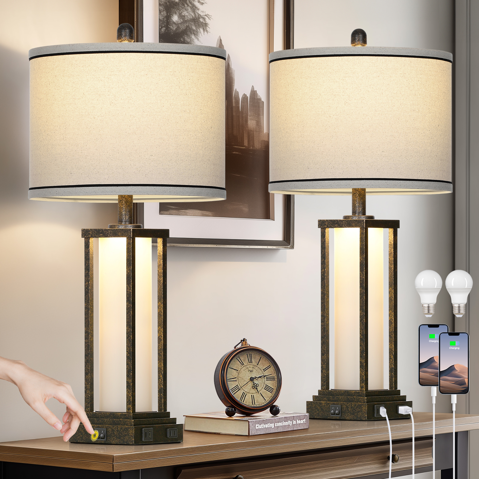 UrFurnishings TD-525 Modern 27-in Distressed Black LED On/Off switch Table Lamp with Linen Shade 2 -Set