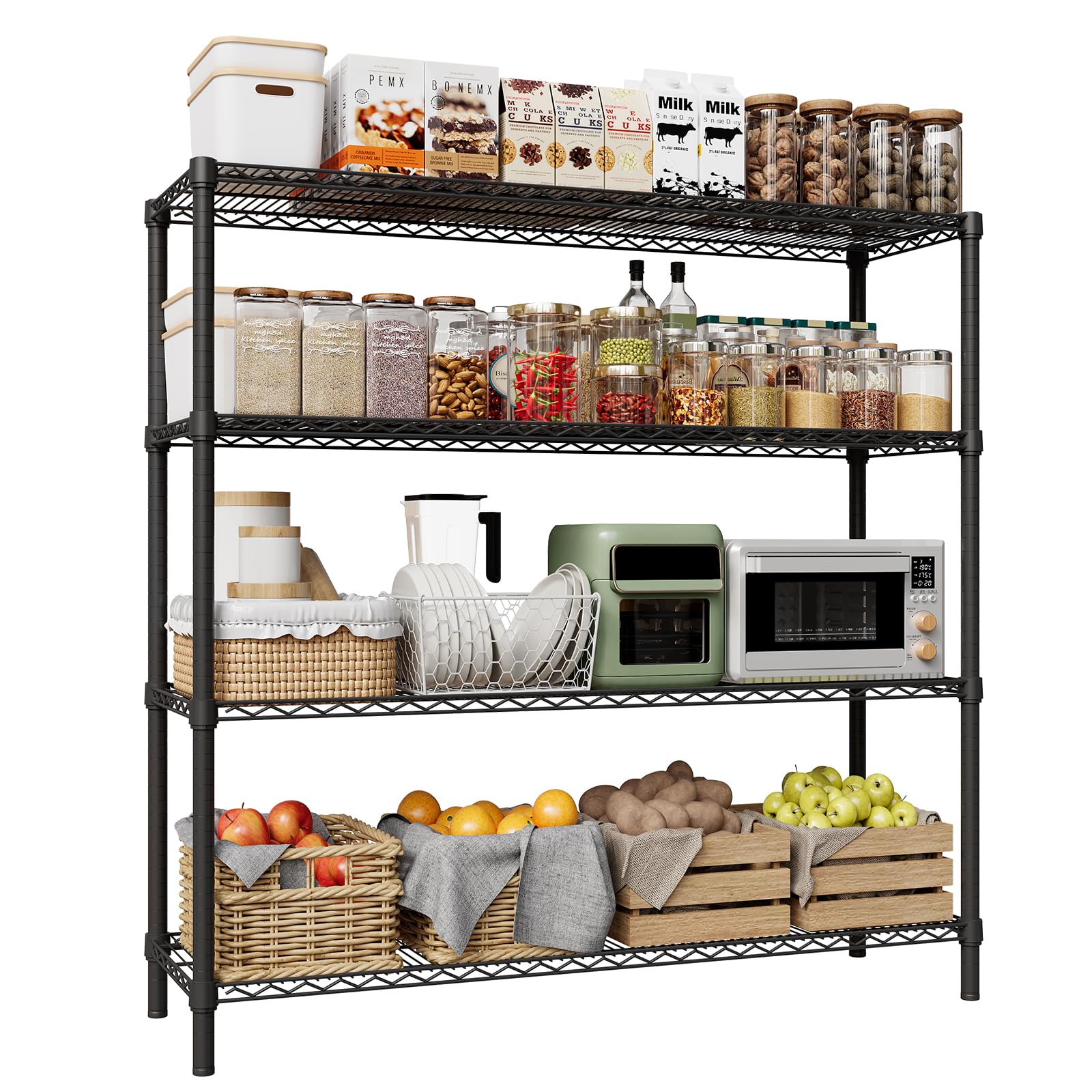 Garvee 4-Tier Heavy Duty Metal Shelving 2640LBS Capacity Adjustable Storage Shelves with Leveling Feet Wire Rack for Garage Kitchen Pantry 47.2in W x 17.7in D x 59in H Black