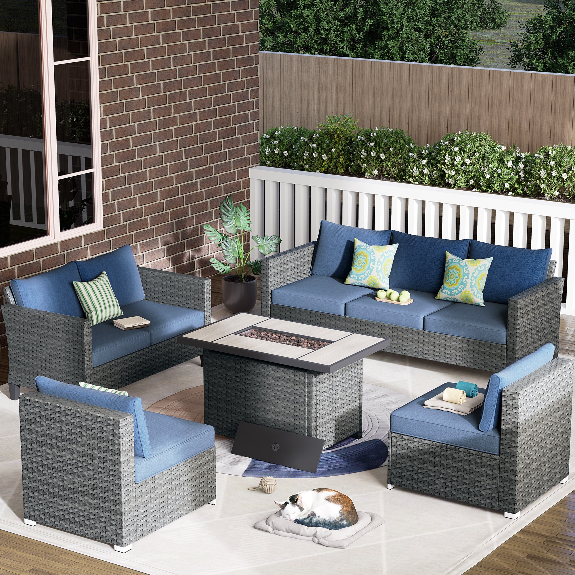 XIZZI XITBS5010C4-VNCI53FP Agate 10 -Piece Rattan Patio Sofa Conversation Set with Blue Cushions
