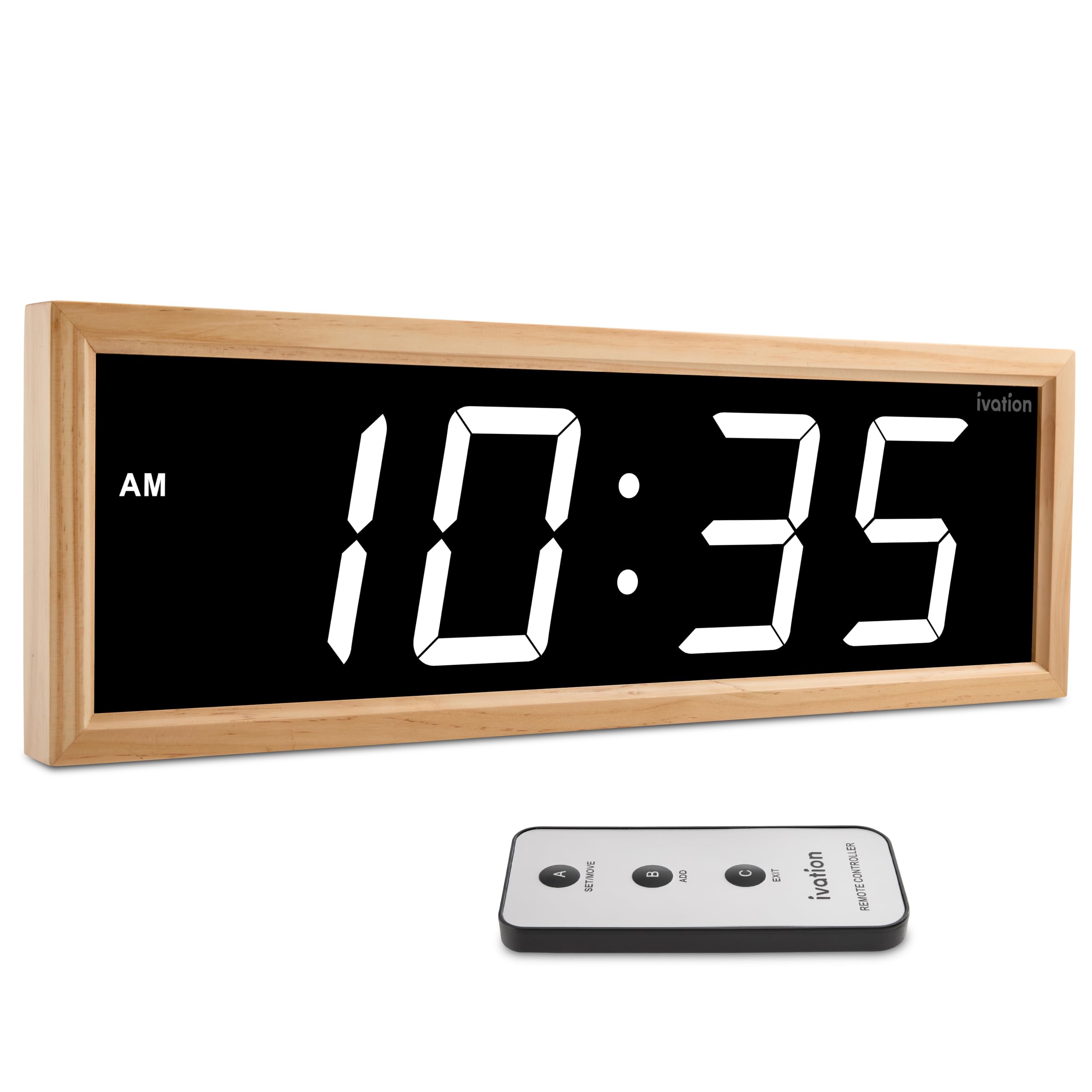 Ivation Digital Wall Clock - 24'' LED Display - Natural Wood Frame - Auto Dimming - Remote  - White