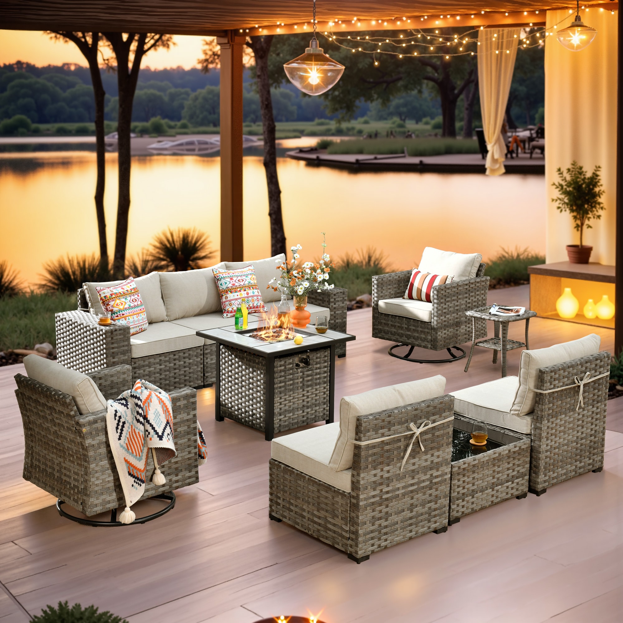 Ovios FPKFS600Y 10 -Piece Wicker Patio Conversation Set with Beige Cushions