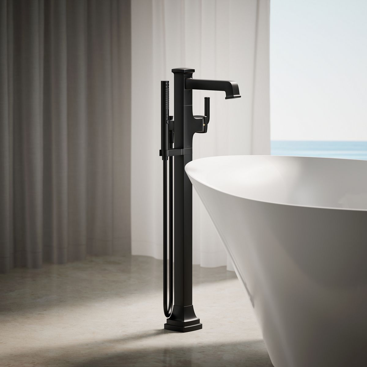 KOHLER T27408-4-BL Riff Matte Black 1-handle Floor-mount Low-arc Bathtub Faucet with Hand Shower ( Valve Included )
