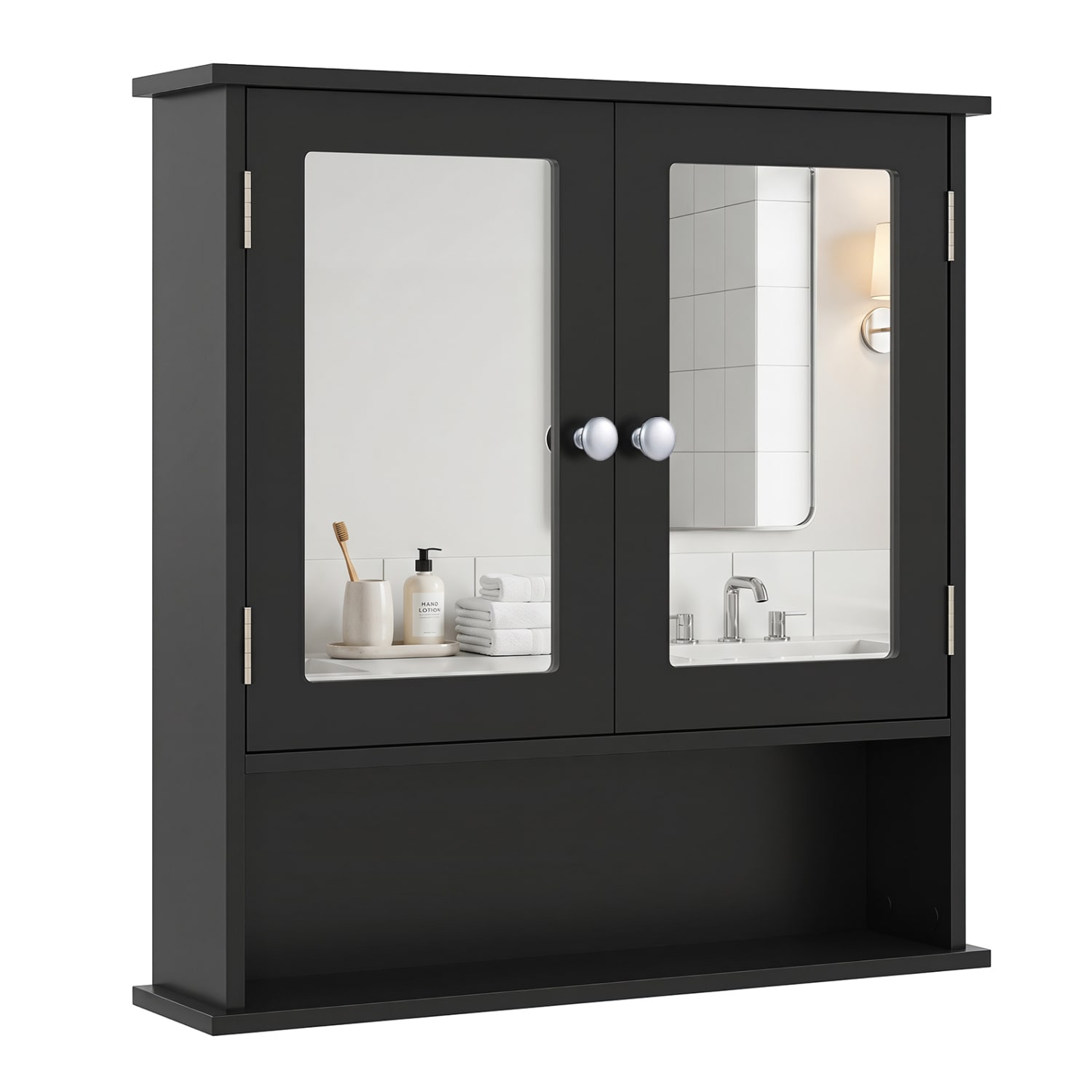 Clihome 22-in x 23-in Surface Mount Black Mirrored Rectangle Medicine Cabinet