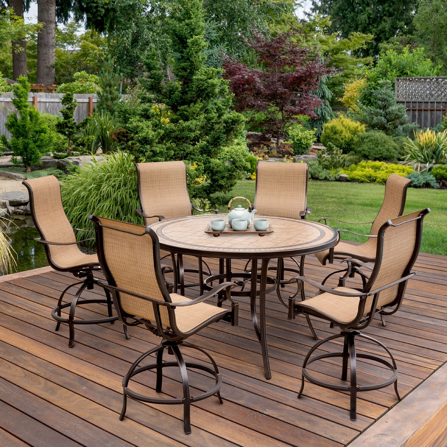Monaco Tan and Bronze Aluminum 7-Piece High-Dining Set with Round Tile-Top Table