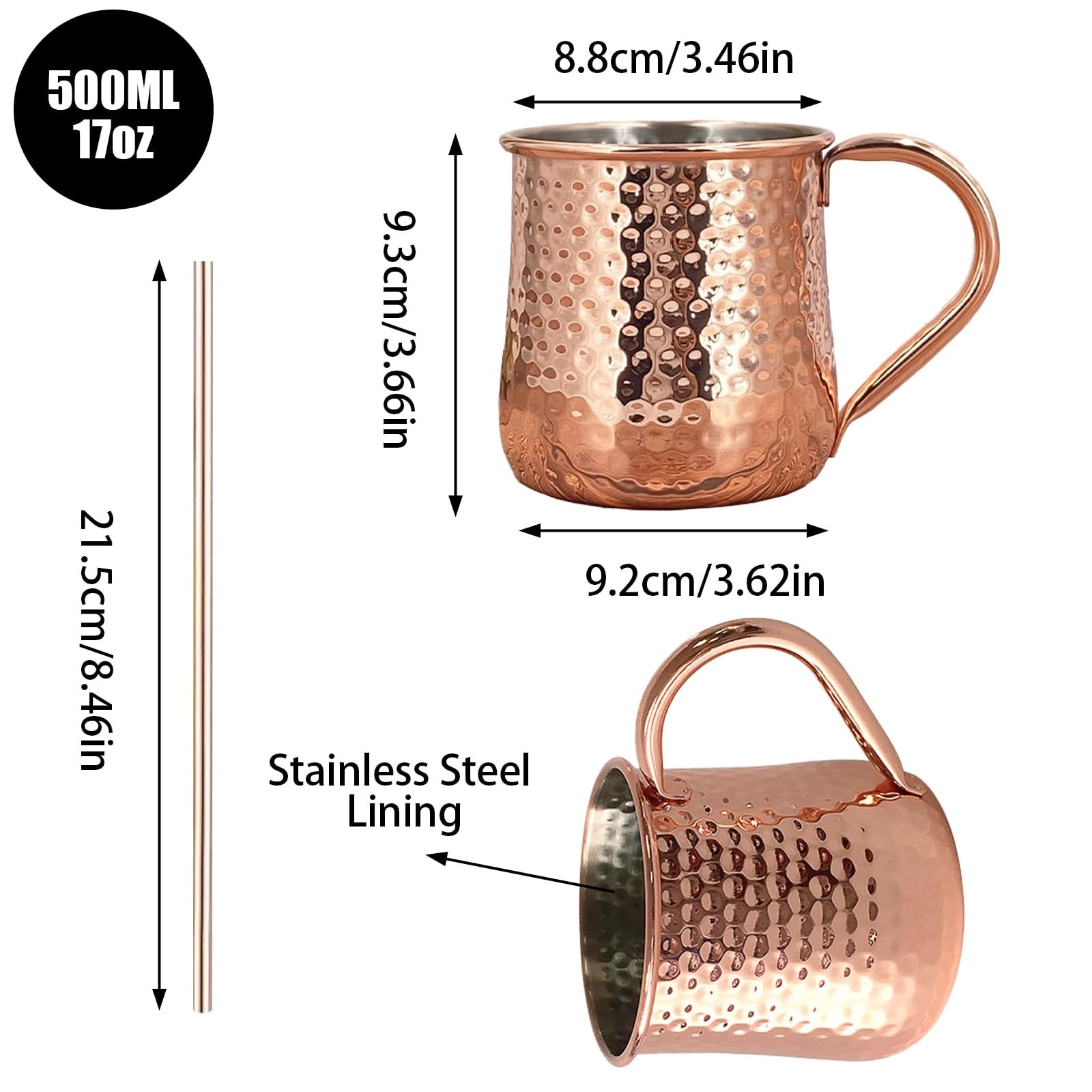 Aoibox  17 oz Moscow Mule Copper Mugs Set of 4 Hammered 304 Stainless Steel Lined Copper Plated Handles Cold