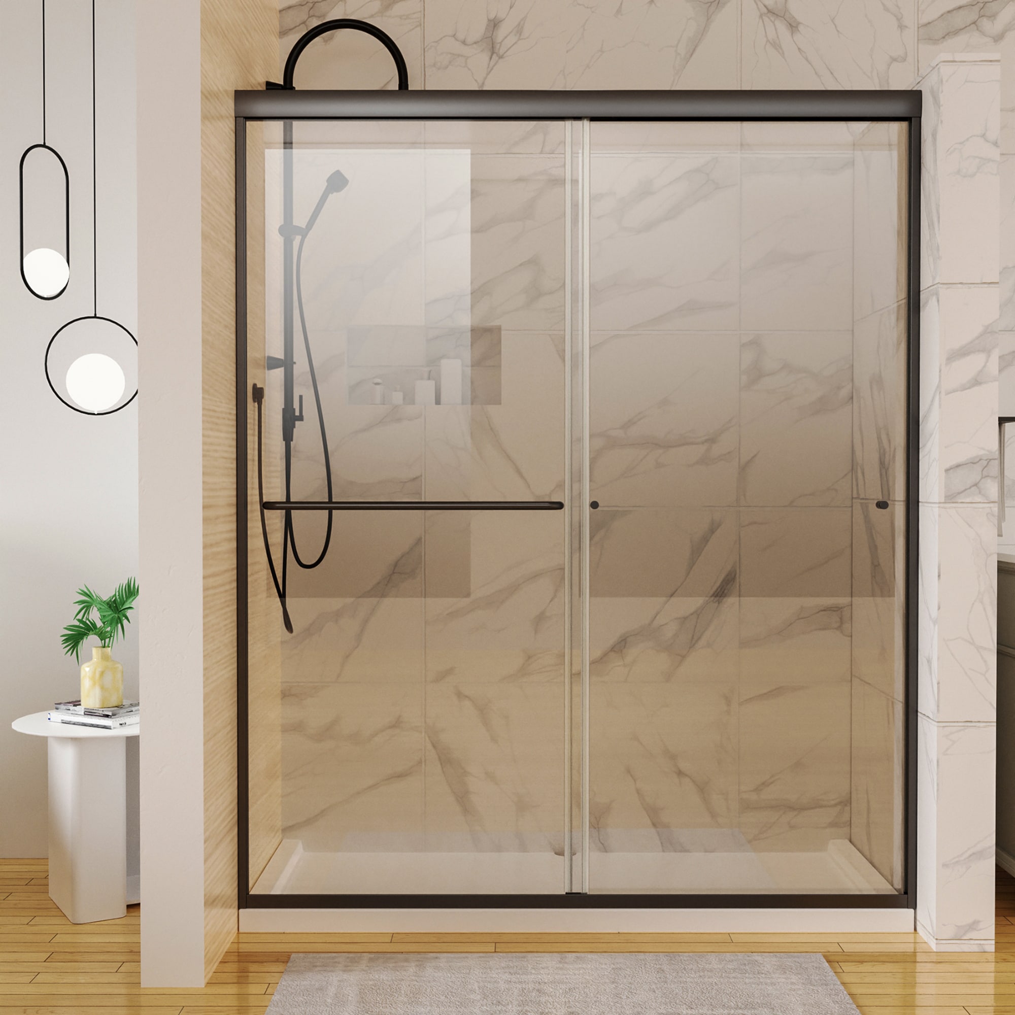 Lordear HMS-LD-6A22-1-606SS LD shower door Black 56-in to 60-in W x 72-in H Framed Sliding Soft Close Shower Door 1/4-in Thick Clear Glass