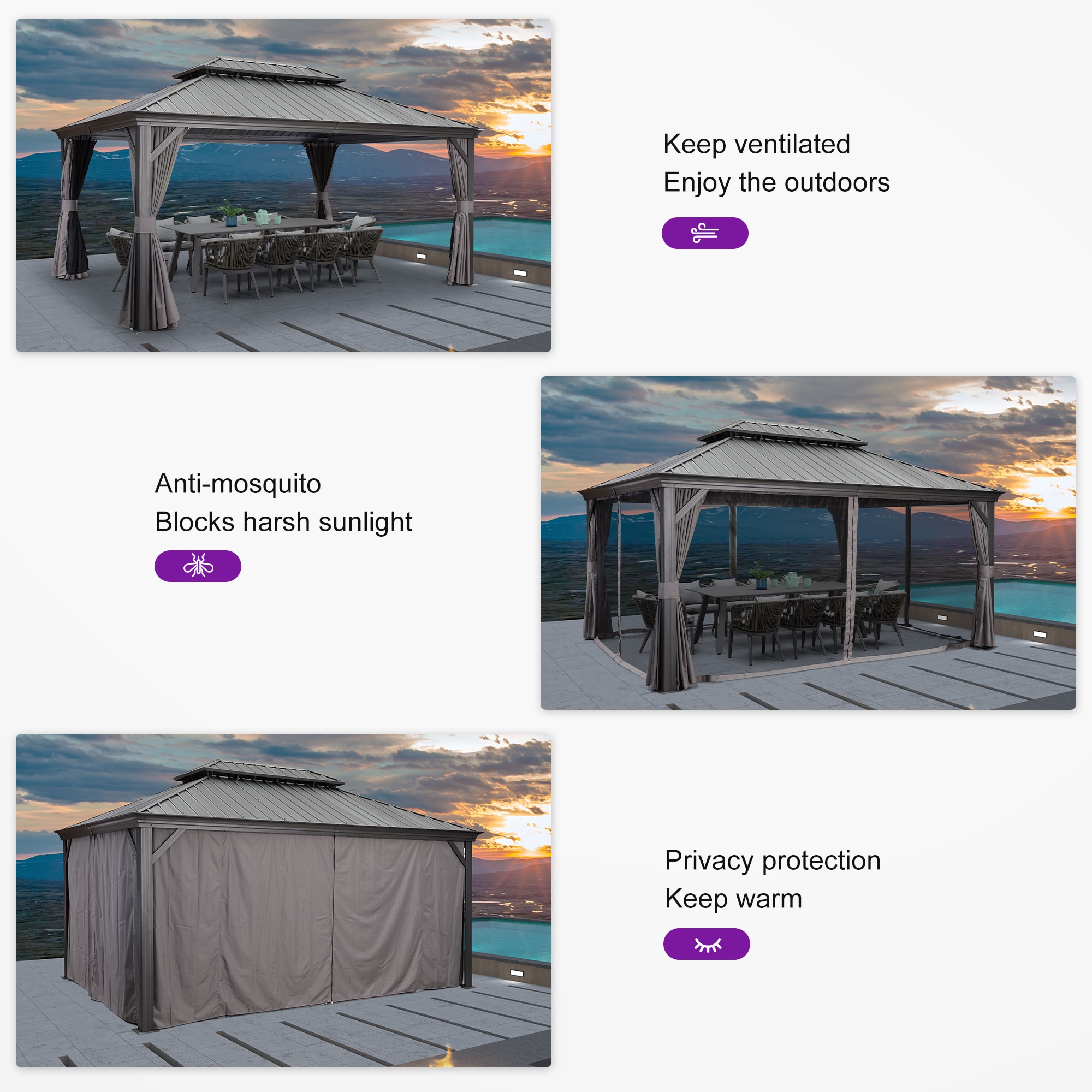 16-ft x 12-ft Gray Aluminum and Steel Hardtop Gazebo with Screen