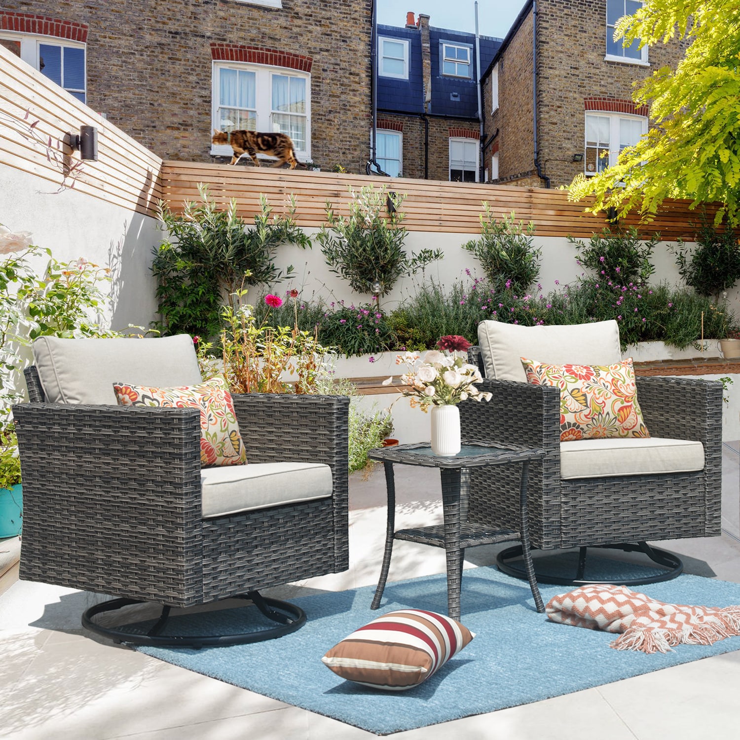 Pouuin SYZGRS603 3 -Piece Wicker Patio Conversation Set with Beige Cushions