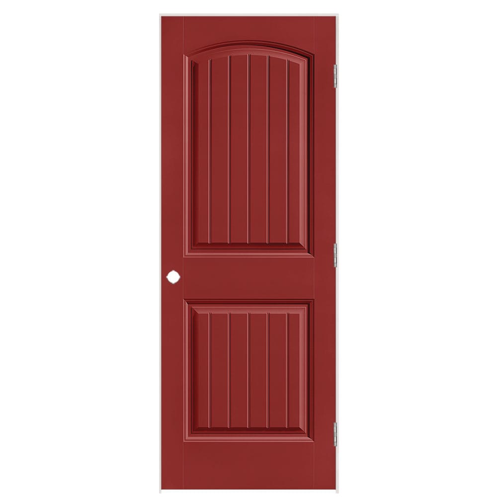 Masonite 1443811 30-in x 80-in Barn Red Solid core 2-panel round top plank Left hand Smooth Prefinished Molded composite Flat Jamb Single Prehung Interior Door