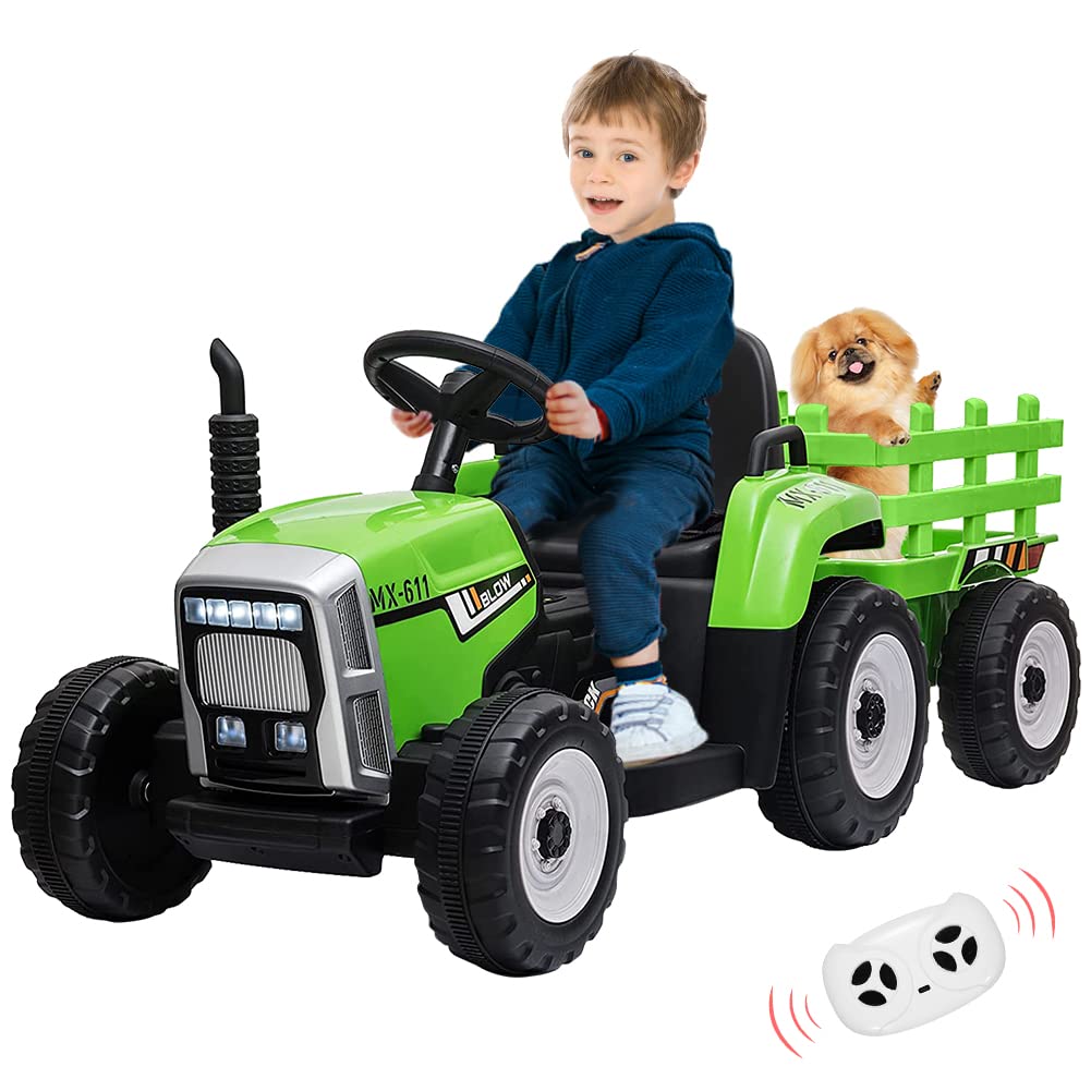 12V Ride On Tractor With Trailer And Remote Control LED Headlights 2 Plus 1 Gear Shift MP3 Player USB Port 5 MPH Speed 25W Motor Tread Tires Green Color For Toddlers