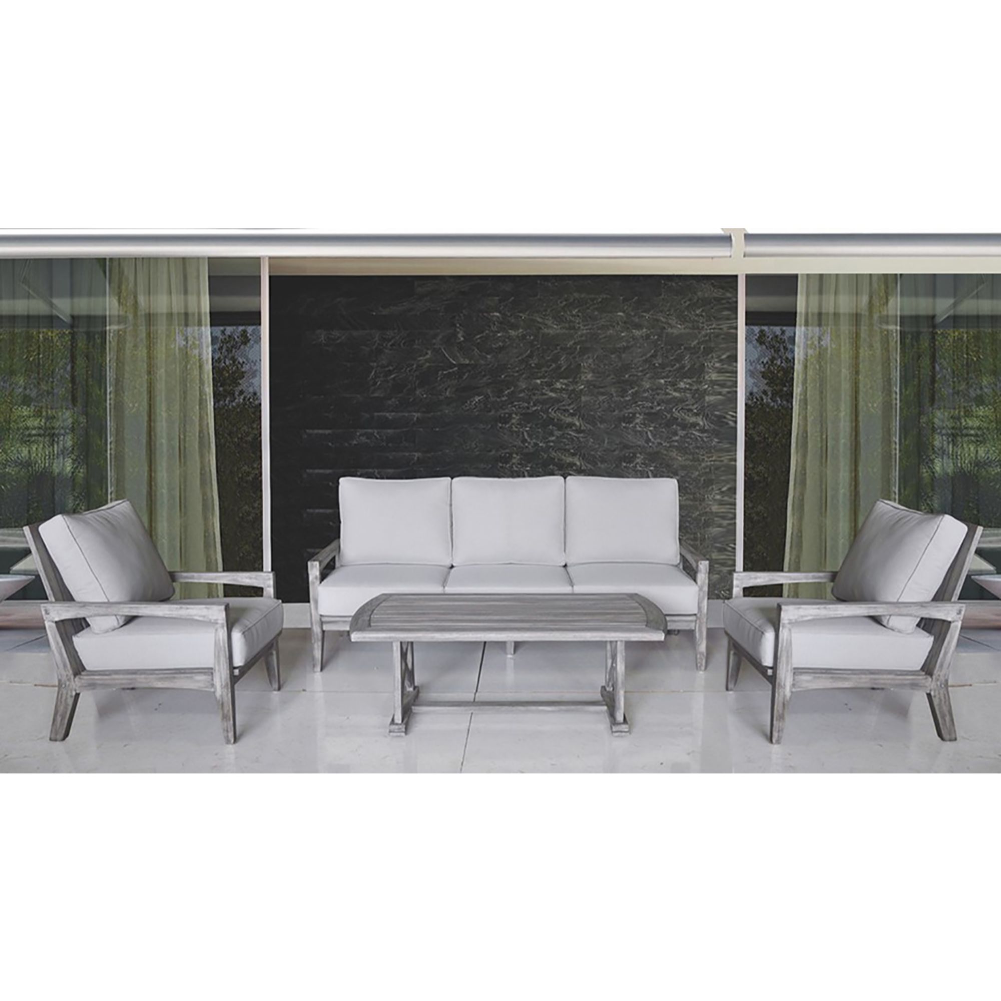 Courtyard Casual Bermuda FSC Teak 4 Piece Seating Set with Sofa, Coffee Table and 2 Club Chairs - Taupe