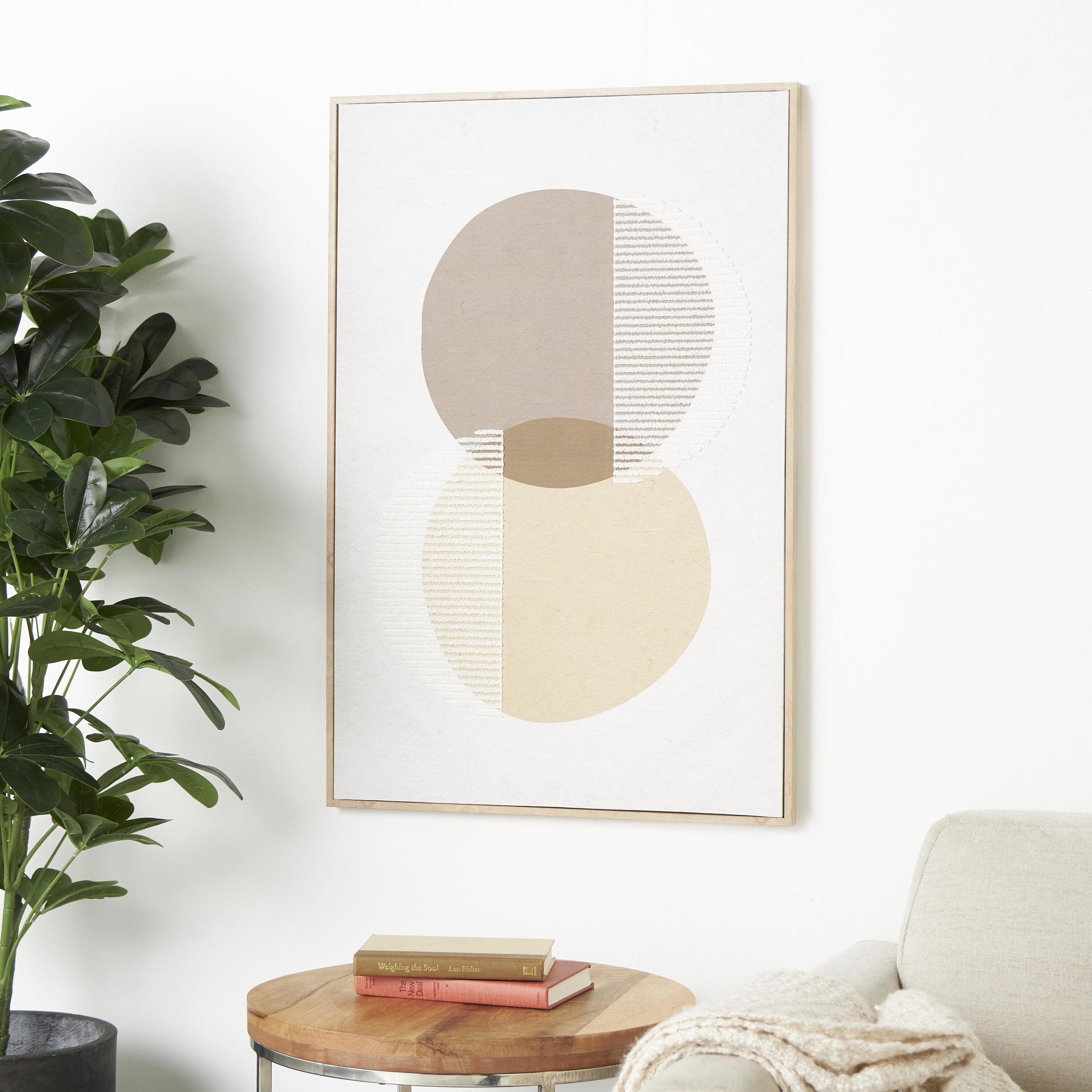 Grayson Lane 821423 37 In. x 25 In. Overlapping Circle Framed Wall Art with White Fabric Detailing Brown Wooden Geometric Brown Wood Framed 37.25-Inches H x 25.25-Inches W Abstract Painting