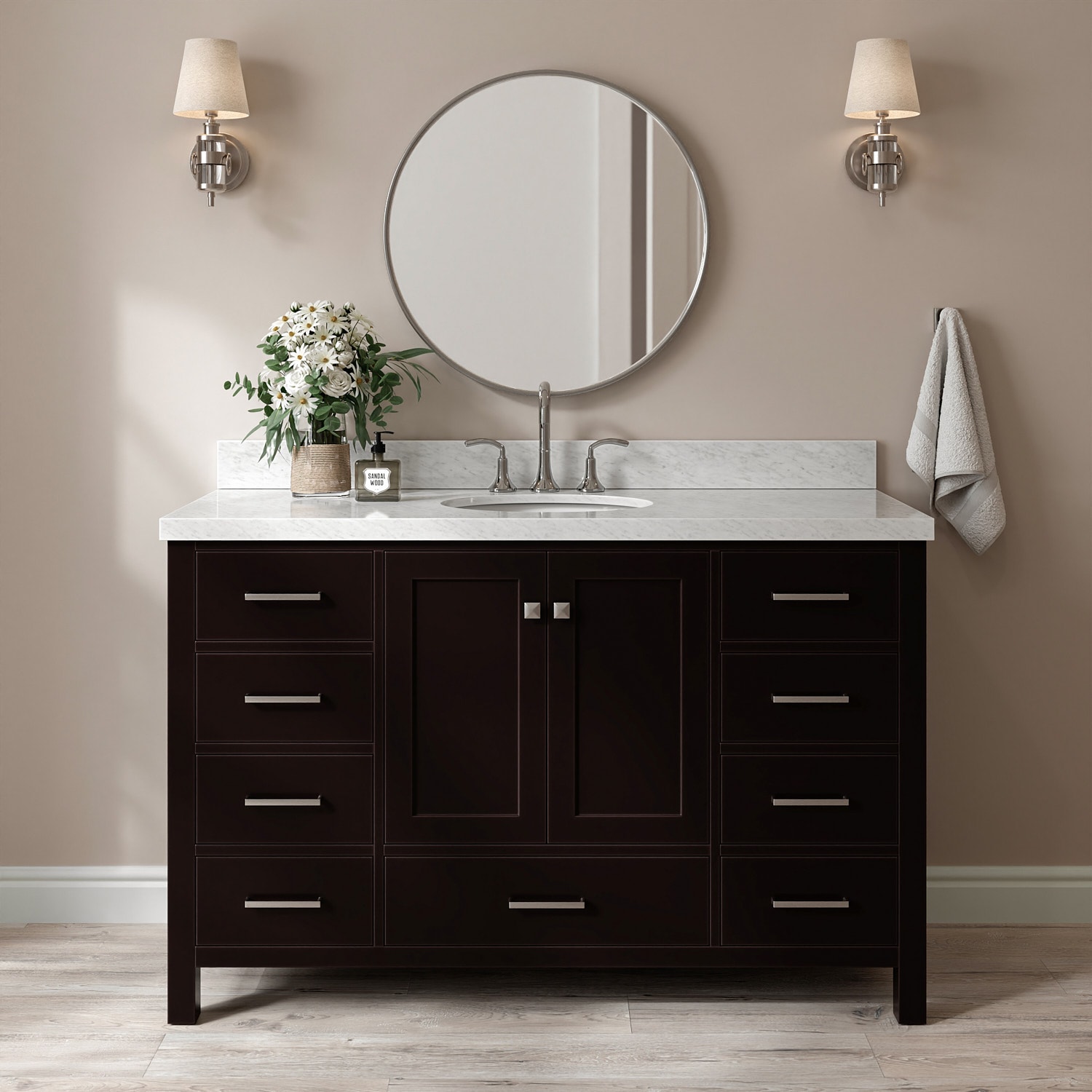 ARIEL A055S-VO-ESP Cambridge 55-in Espresso Undermount Single Sink Bathroom Vanity with Carrara White Marble Natural Marble Top