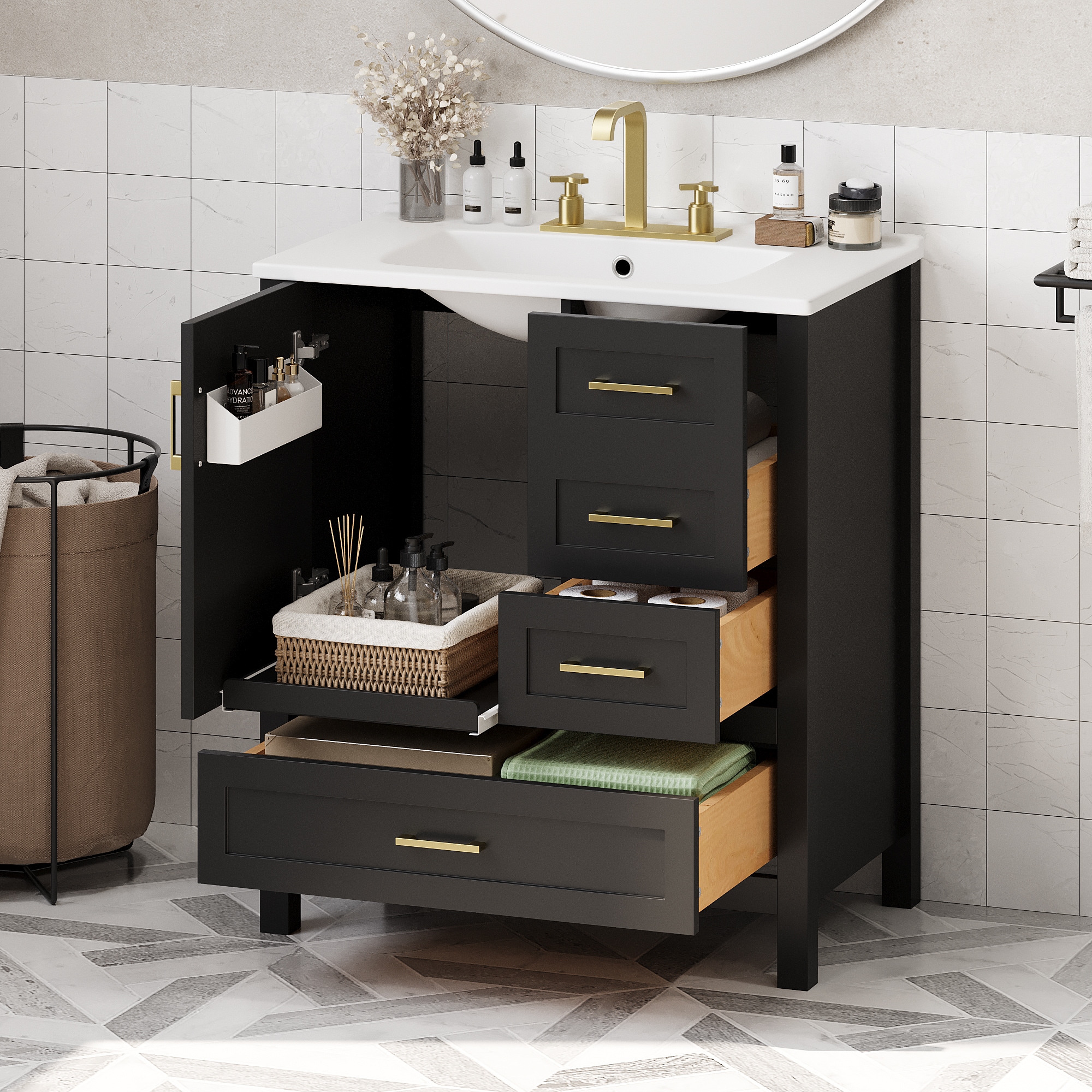 LOVMOR SFRN729P177787B 30 inch Black Bathroom Vanity with Sink Combination Set Bathroom Storage Cabinet with Soft Close Door 3 Soft Close Drawers and Removable Tray Solid Wood Frame