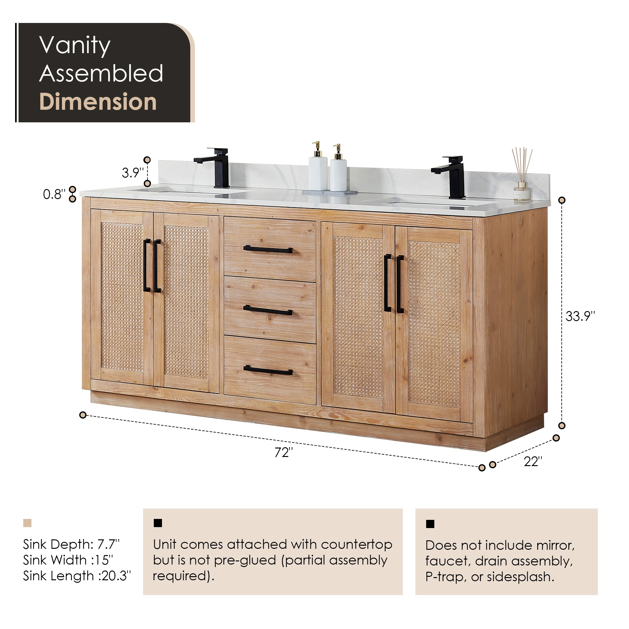 Light Brown Double Sink Freestanding Vanity with Rattan Doors and Quartz Top