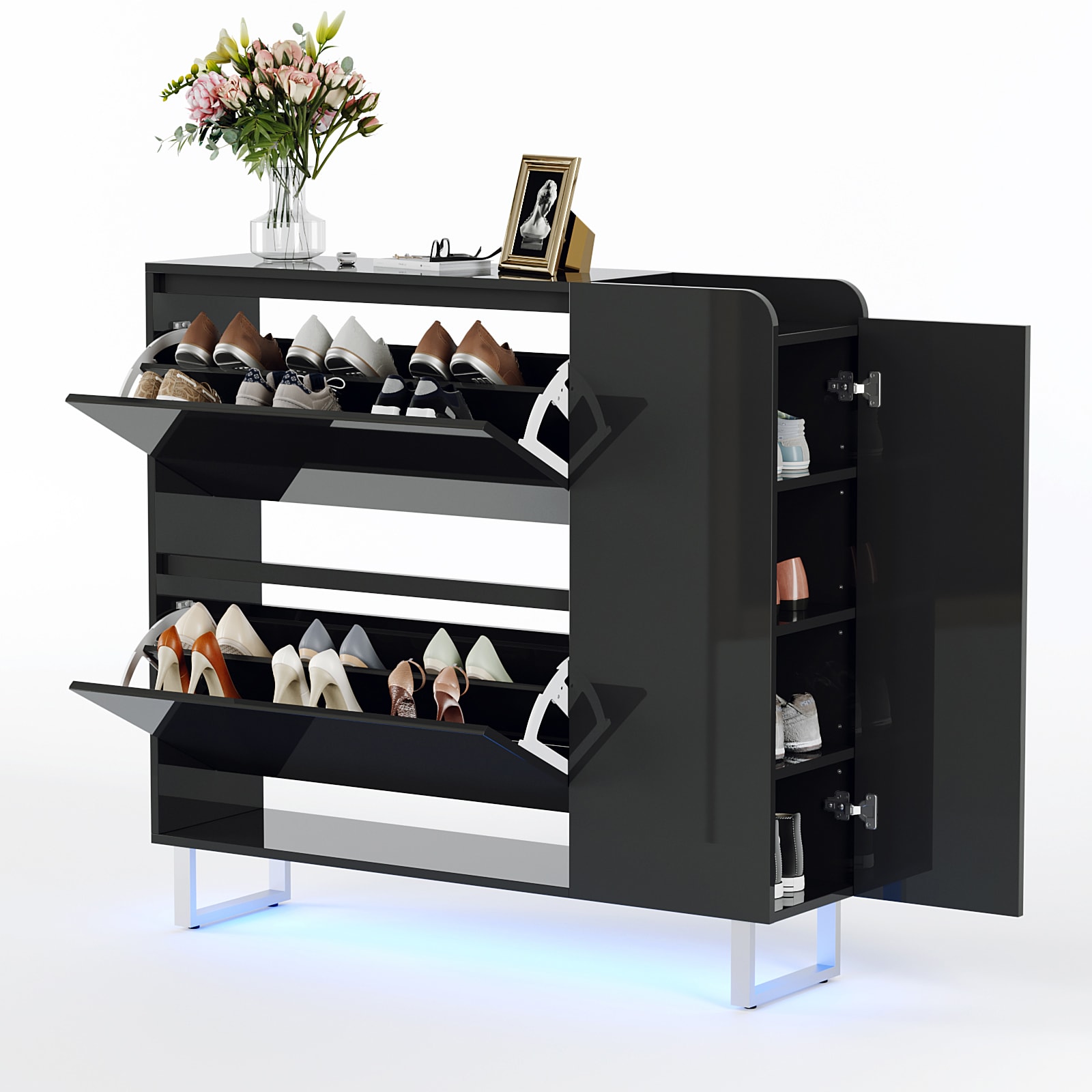 VINGLI 42W Modern High Gloss Shoe Cabinet with LED Lights/Narrow Shoe Storage Organizer with 2 Flip Drawers and Side Cabinet for Tall Boots Black