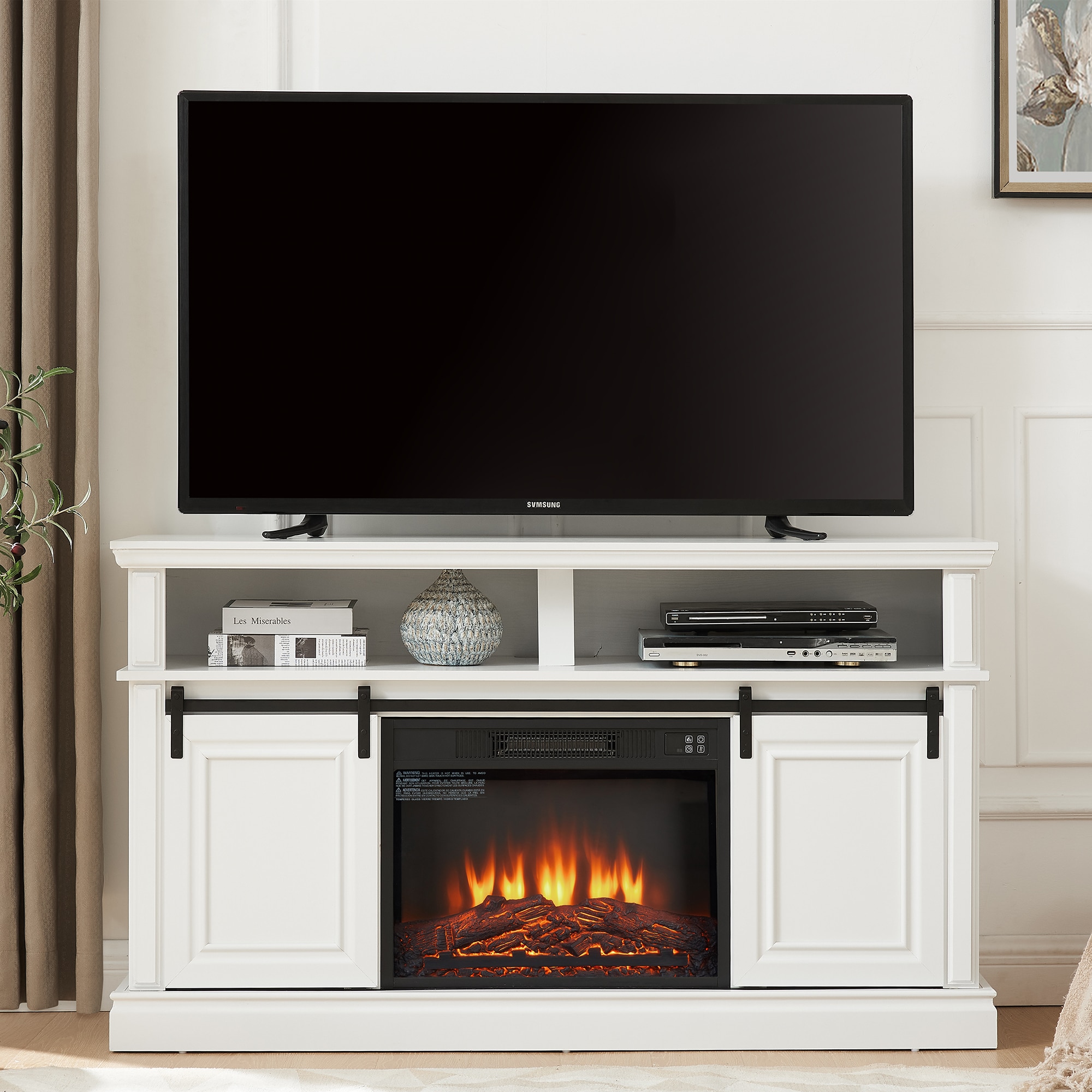 Fun Orange FUNS2TS07 58.11-Inches W Antique White TV Stand with Fan-forced Flat wall Electric Fireplace with Remote Control Included
